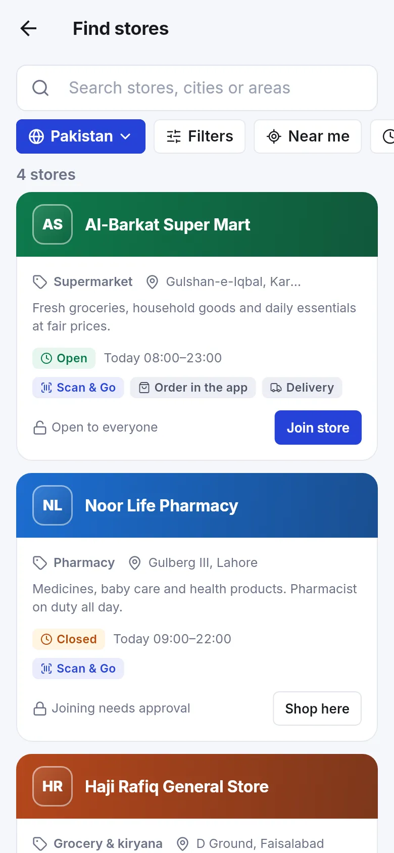 Find stores screen with a search box, country Pakistan, Filters and Near me, and store cards with category, area, open or closed, Scan and Go, Order in the app and Delivery badges