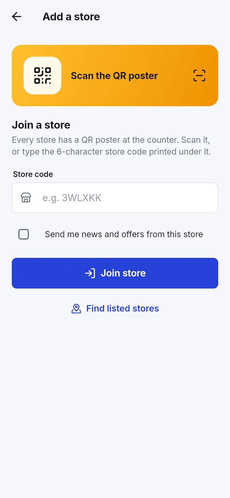 Add a store screen in the Shopper app with Scan the QR poster, Store code field and Join store button