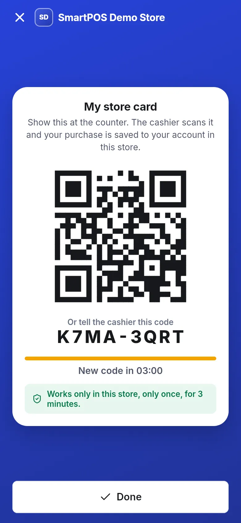My store card screen in the Shopper app with a QR code and the code K7MA-3QRT, valid once for 3 minutes