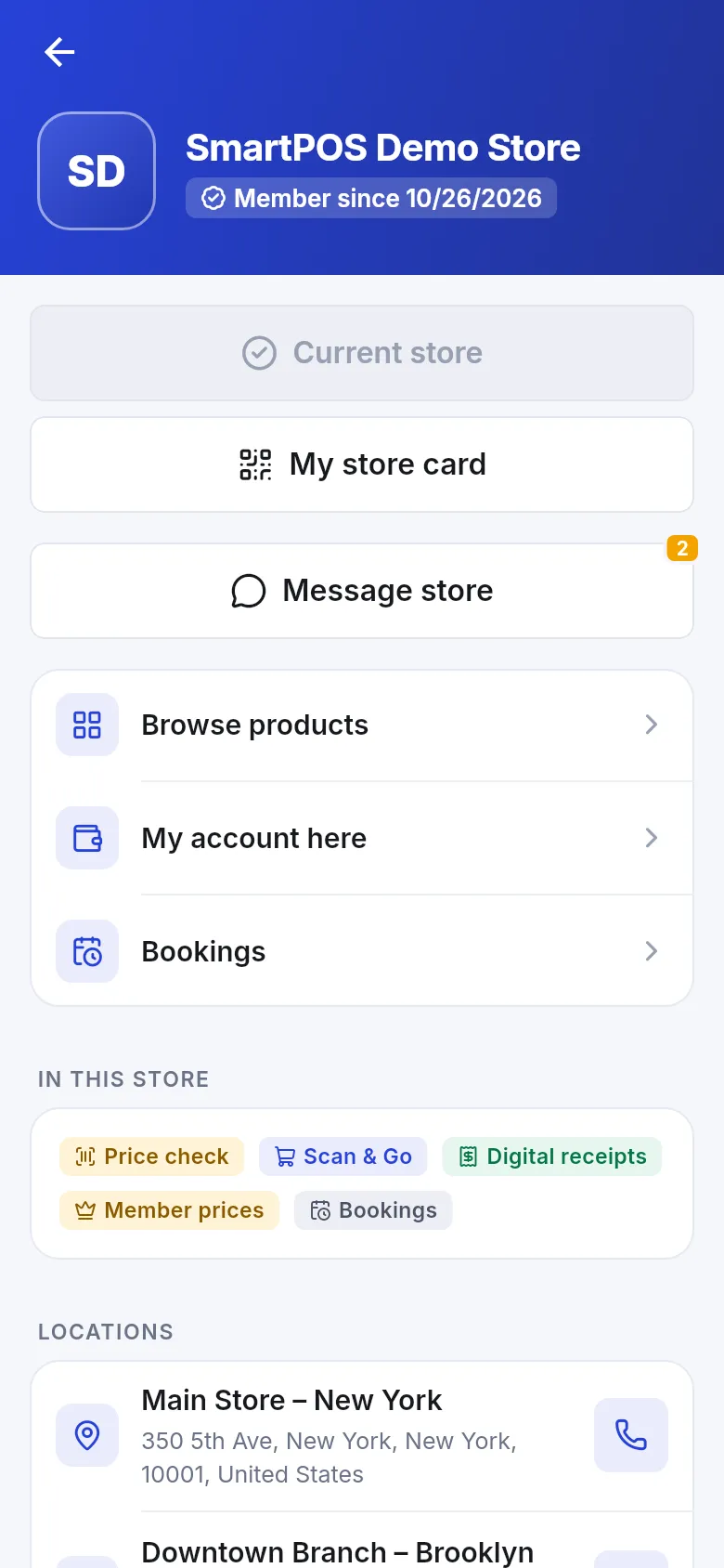 Store page in the SmartPOS Shopper app with My store card, Message store, Browse products and Bookings