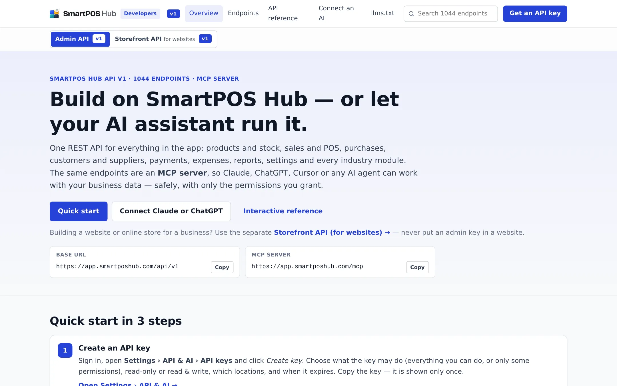 SmartPOS Hub developer portal with base URL and MCP server address, Quick start, Connect Claude or ChatGPT and the interactive reference