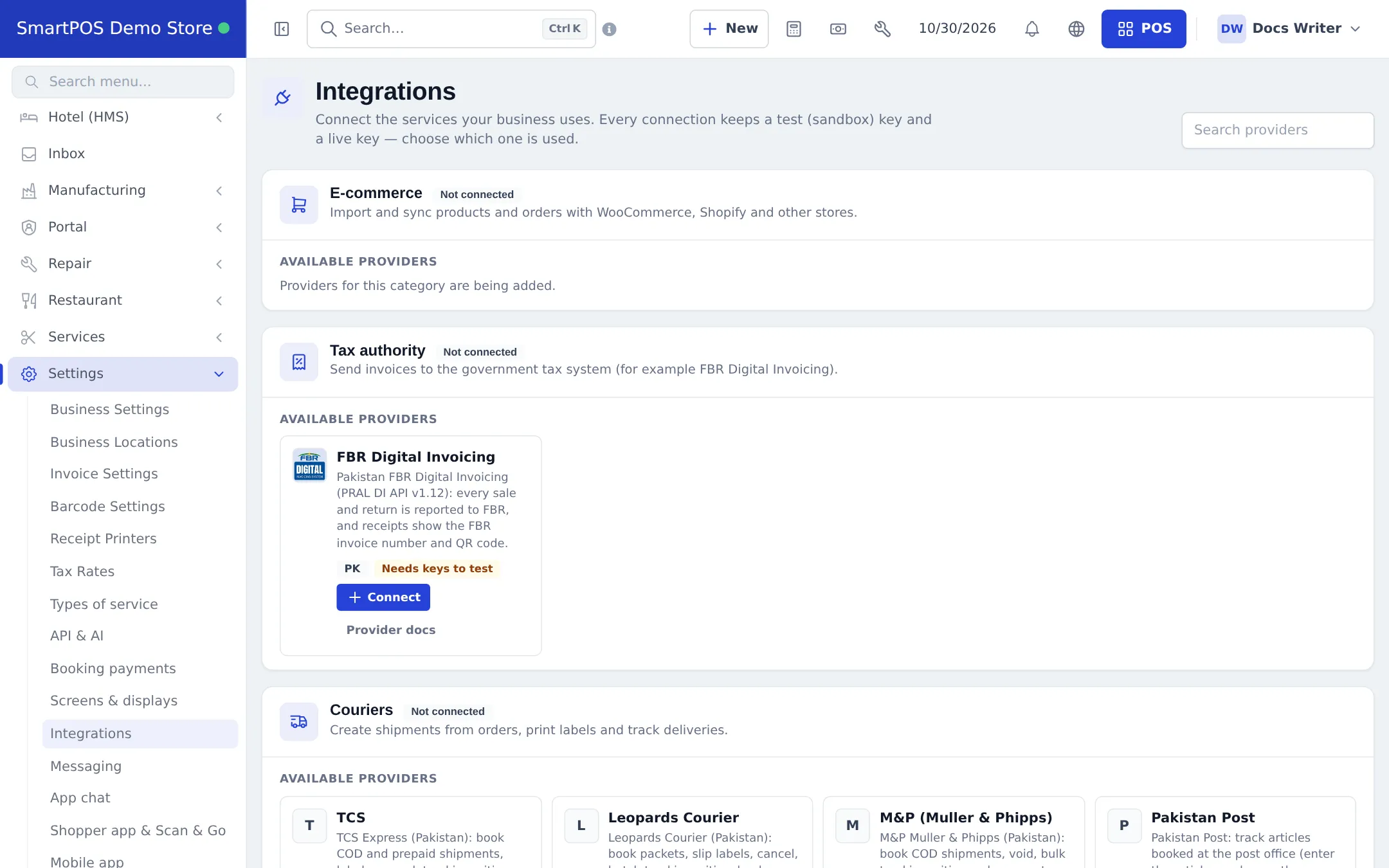 Integrations page with E-commerce, Tax authority with FBR Digital Invoicing and Couriers with TCS, Leopards, M&P and Pakistan Post