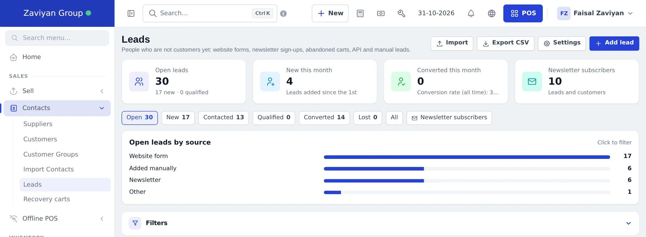 Leads page with open leads, new this month, converted this month and newsletter subscribers tiles, status tabs and open leads by source