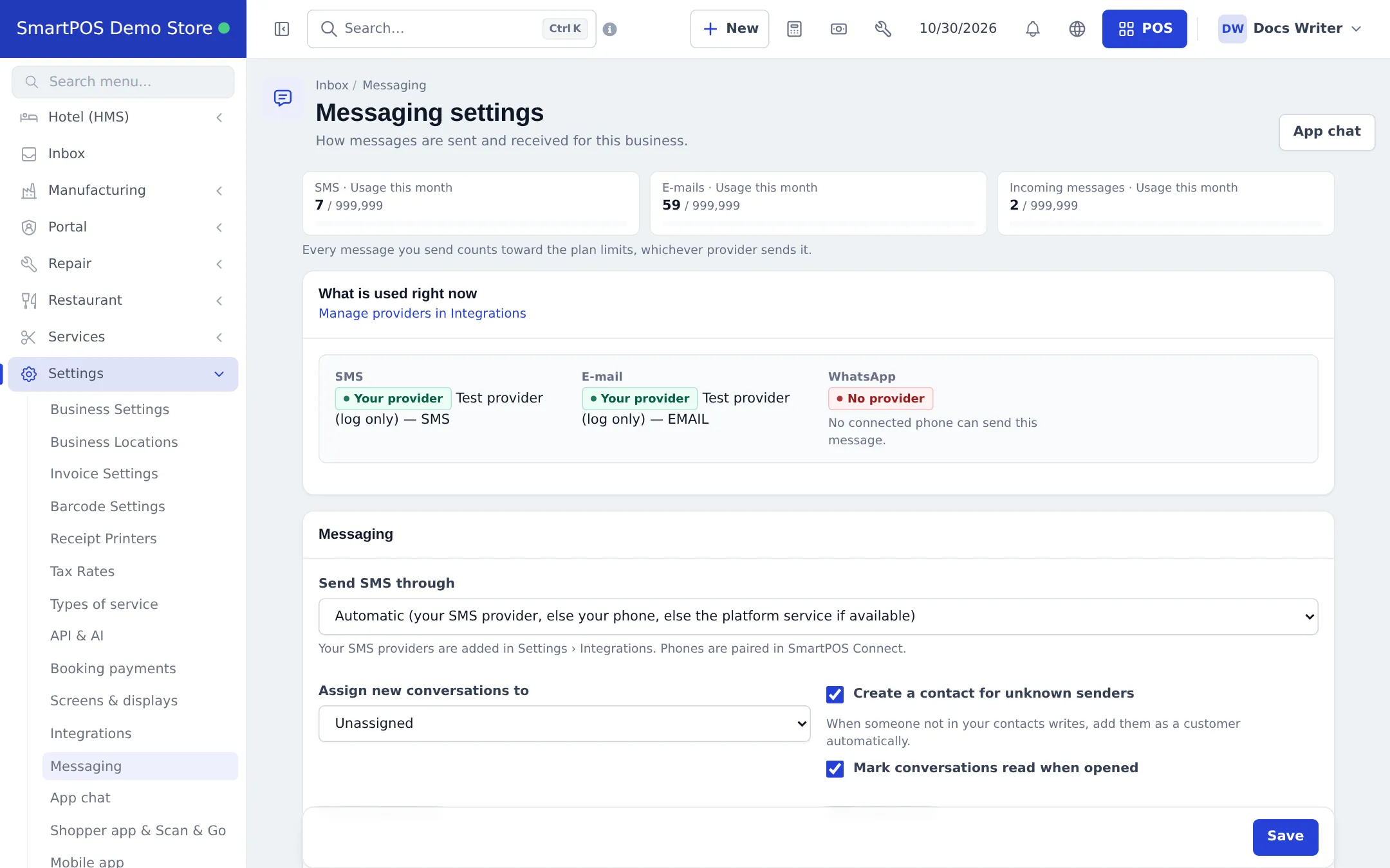 Messaging settings with usage this month, What is used right now for SMS, E-mail and WhatsApp, Send SMS through and assignment options