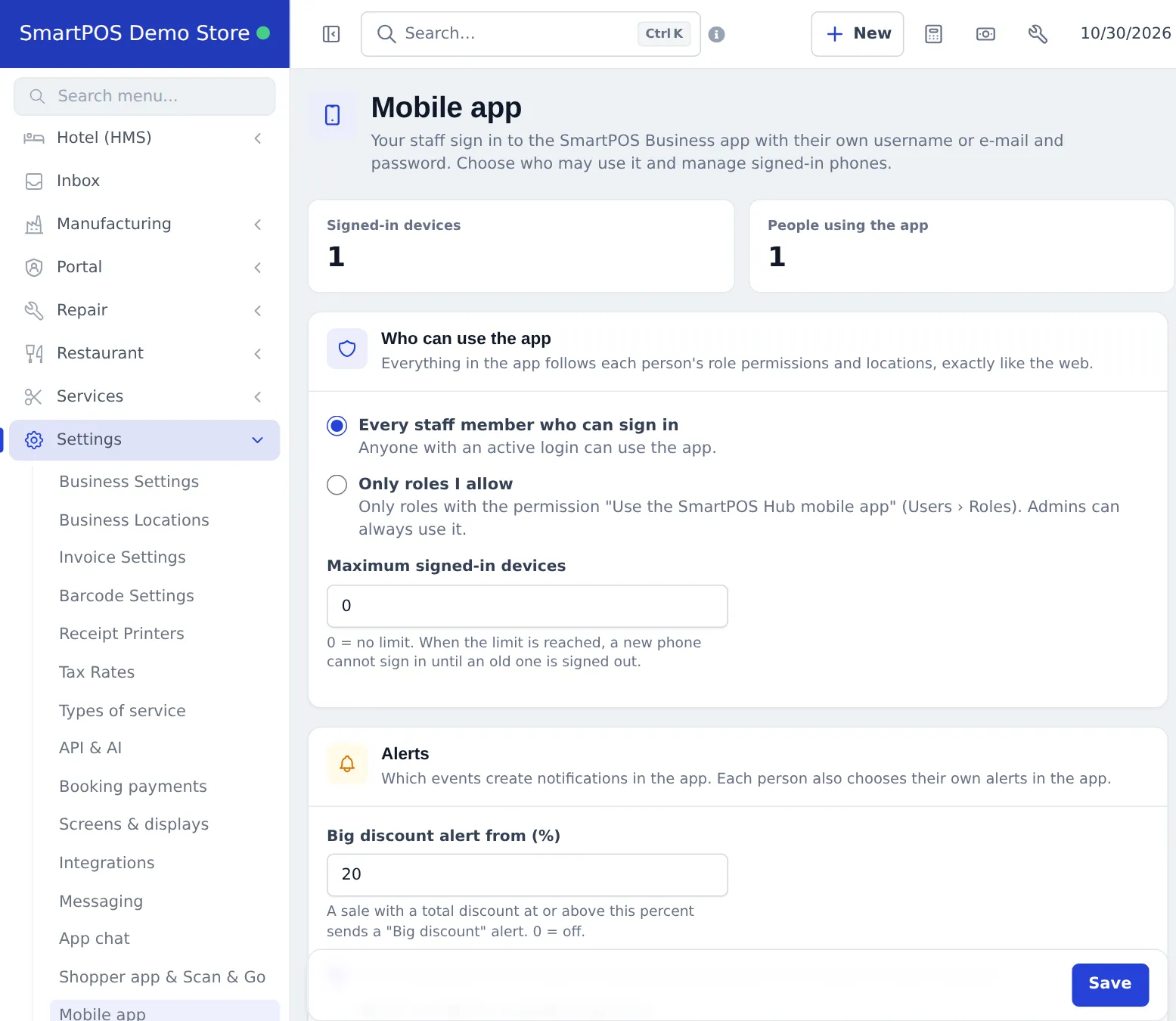 Mobile app settings with signed-in devices, who can use the app, maximum signed-in devices and alerts