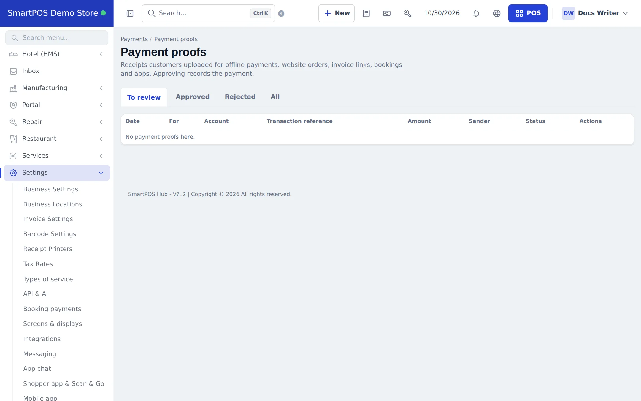 Payment proofs page with To review, Approved, Rejected and All tabs and columns date, for, account, transaction reference, amount, sender and status