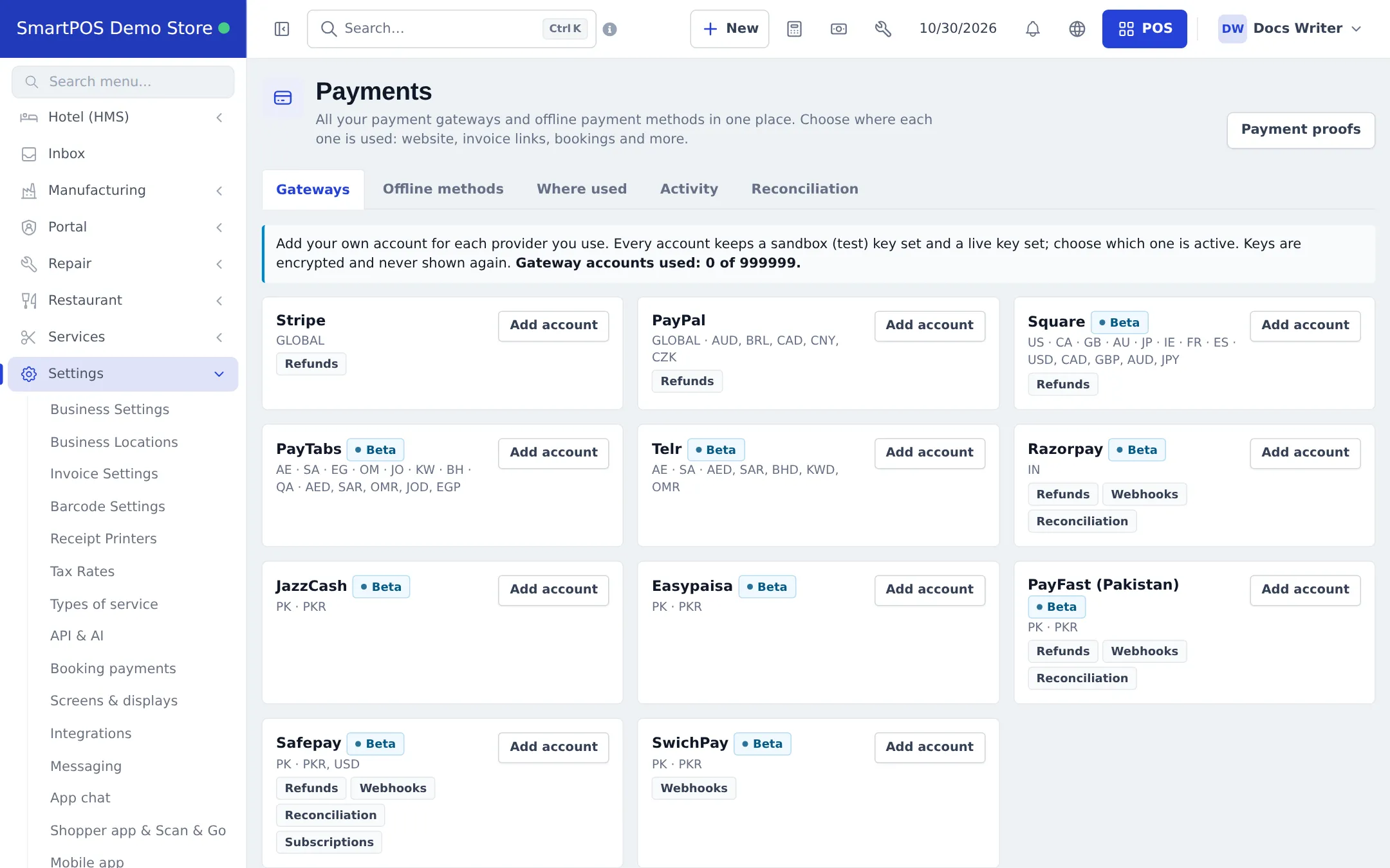 Payments Gateways tab with provider cards and Add account buttons