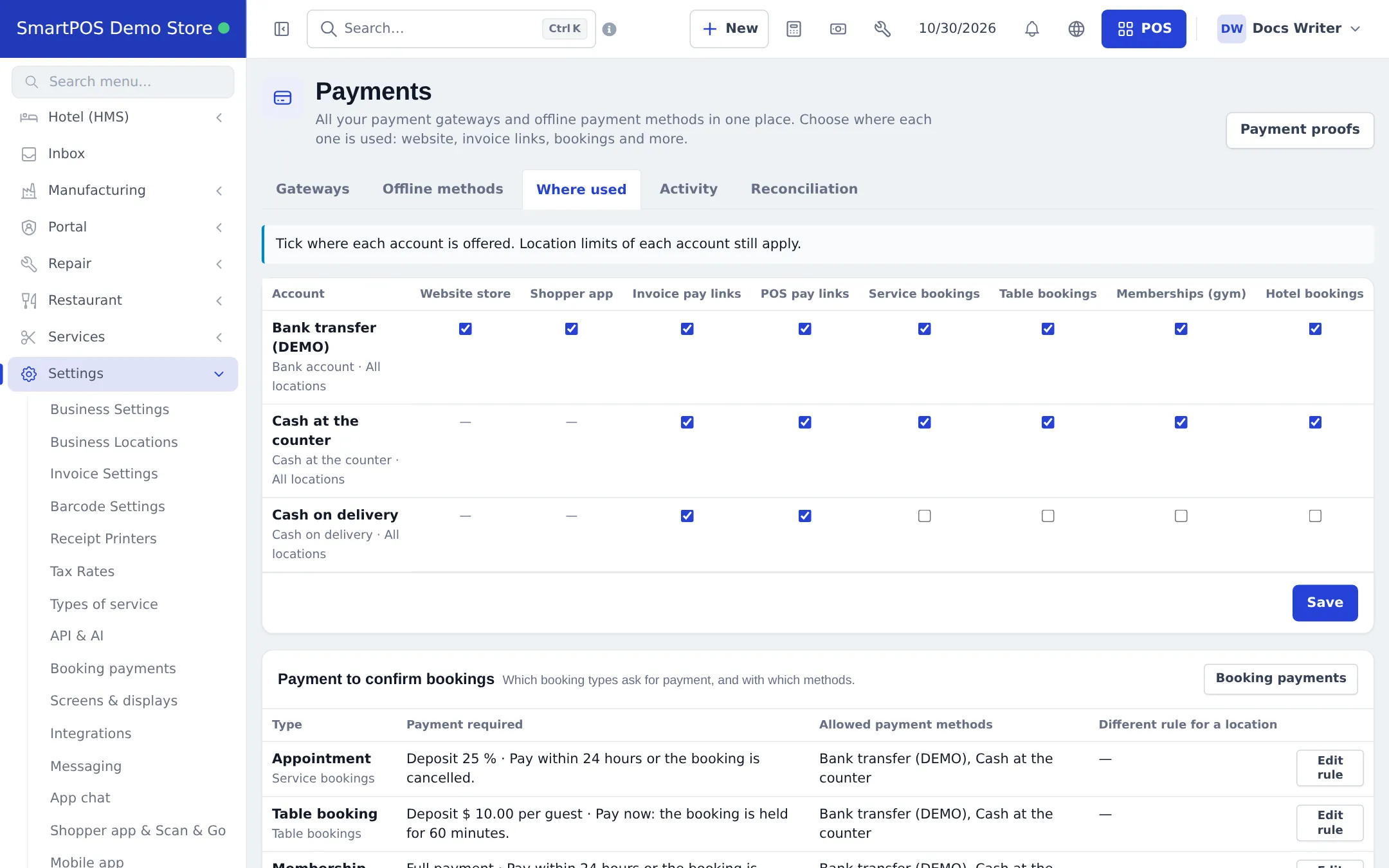 Where used tab with the Payment to confirm bookings table listing appointment, table booking and membership rules and allowed methods