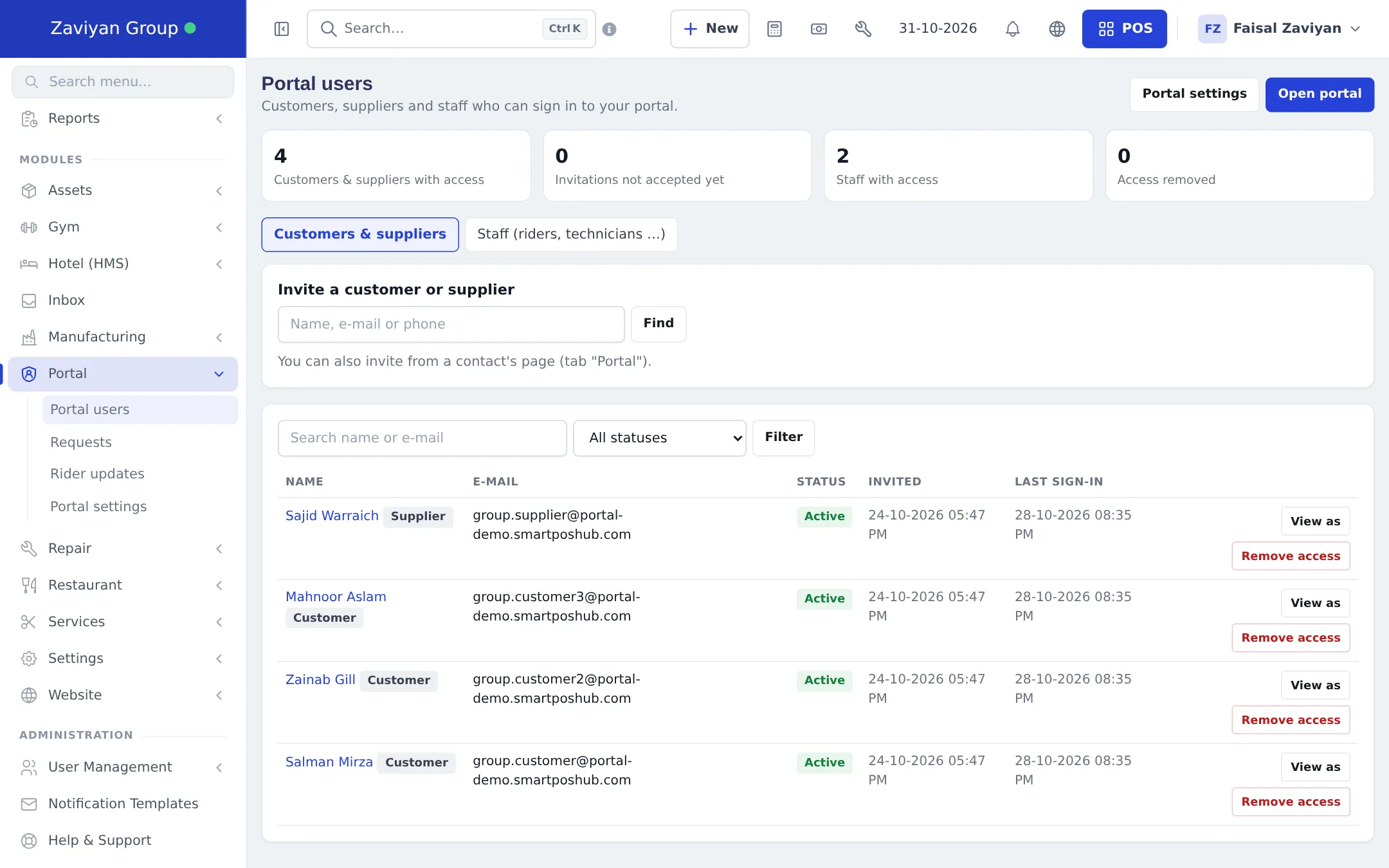 Portal users page with invite box and a list of customers and suppliers with status, invited and last sign-in dates and View as and Remove access buttons