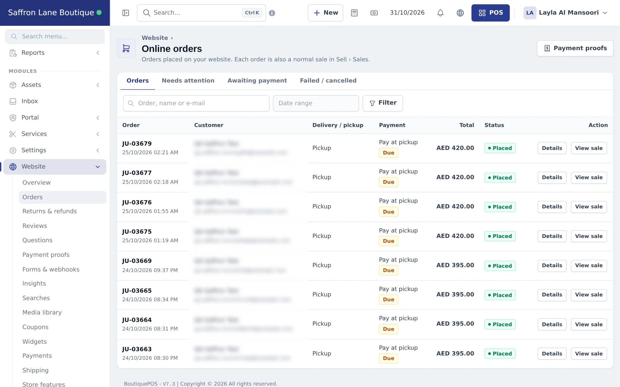 Online orders list with order numbers, delivery or pickup, payment Pay at pickup marked Due, total, status Placed and Details and View sale buttons