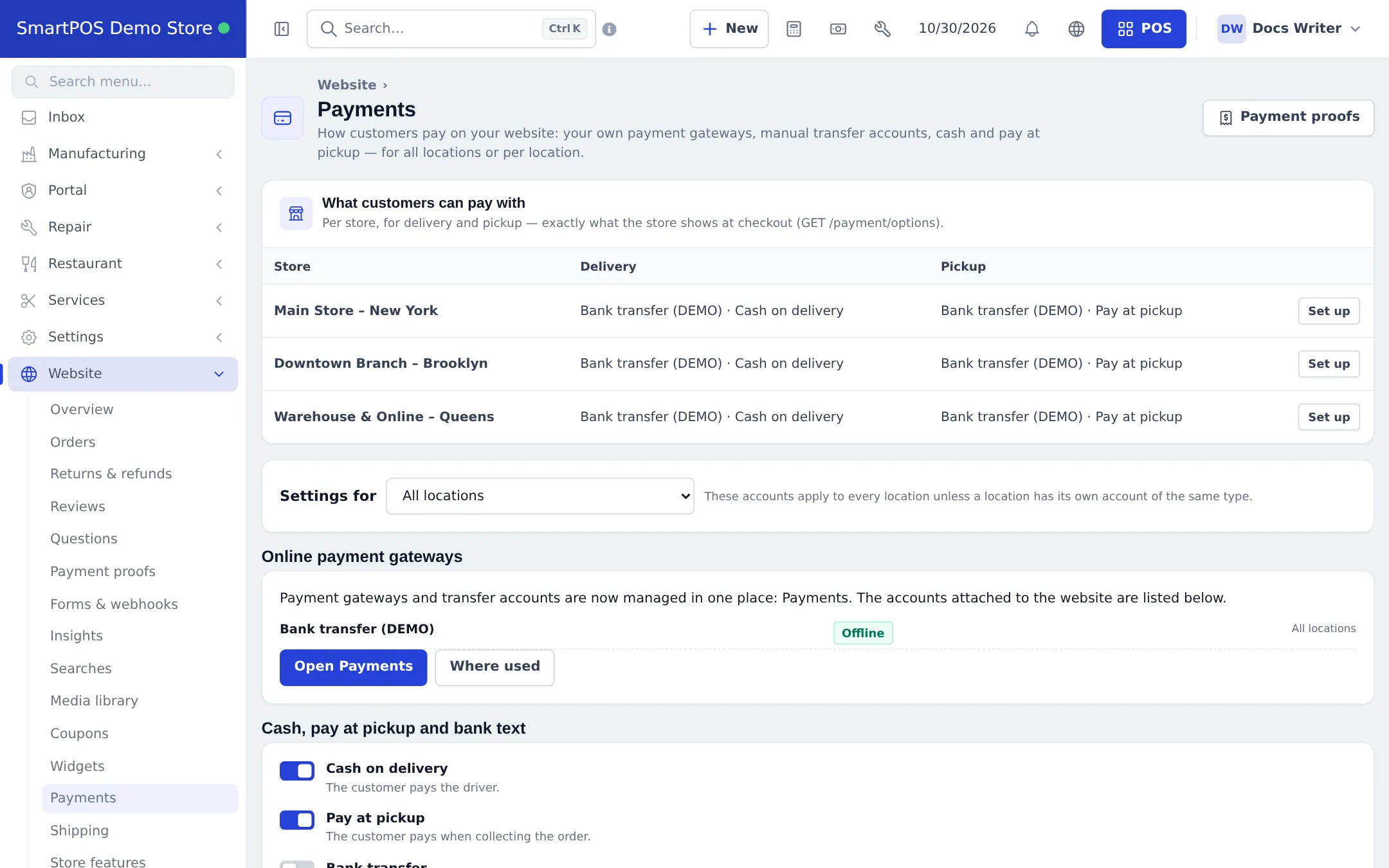 Website Payments page with What customers can pay with per store for delivery and pickup, the attached bank transfer account, and Cash on delivery and Pay at pickup switches