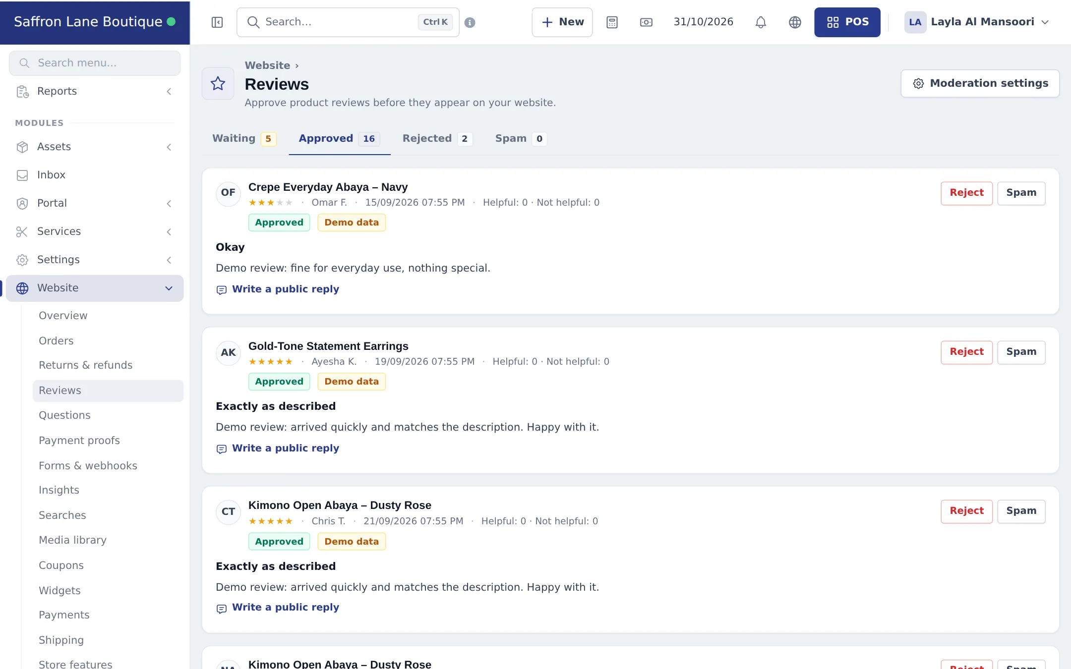 Reviews page with the Approved tab, a five-star review of a product and a Write a public reply box