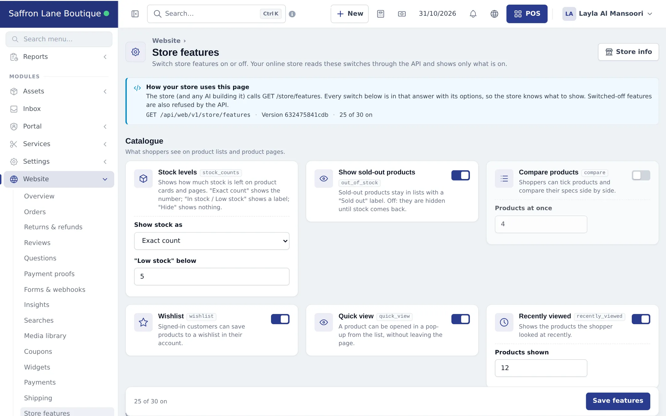 Store features page with switches for stock levels, sold-out products, compare, wishlist, quick view and recently viewed