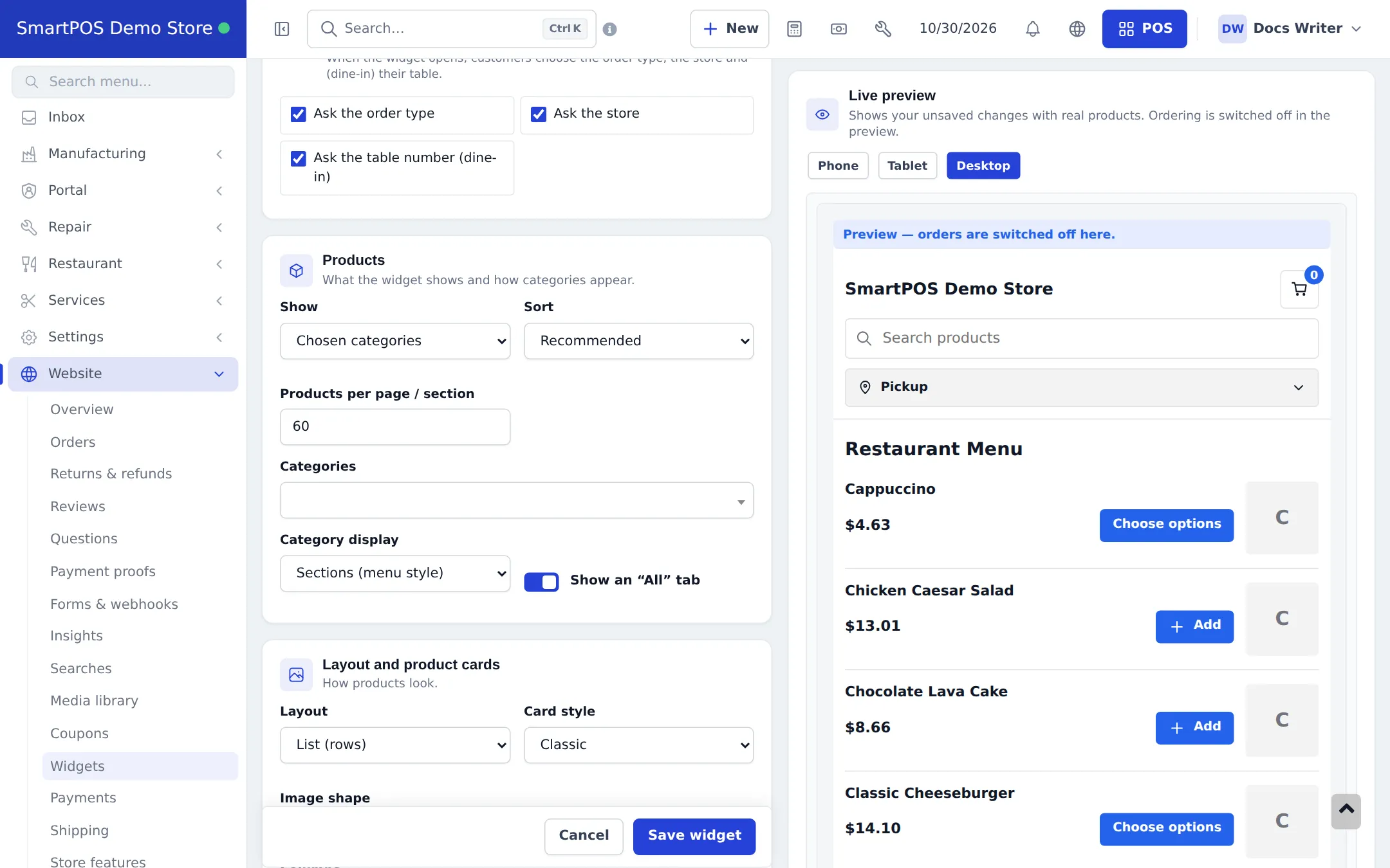 Products section with Show Chosen categories, Sort Recommended, products per page and Sections menu style next to the live preview