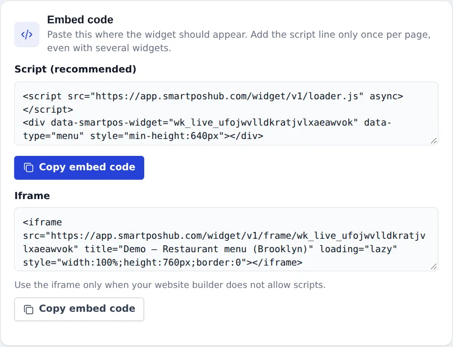 Embed code card with the script version, a Copy embed code button and the iframe version for site builders that block scripts