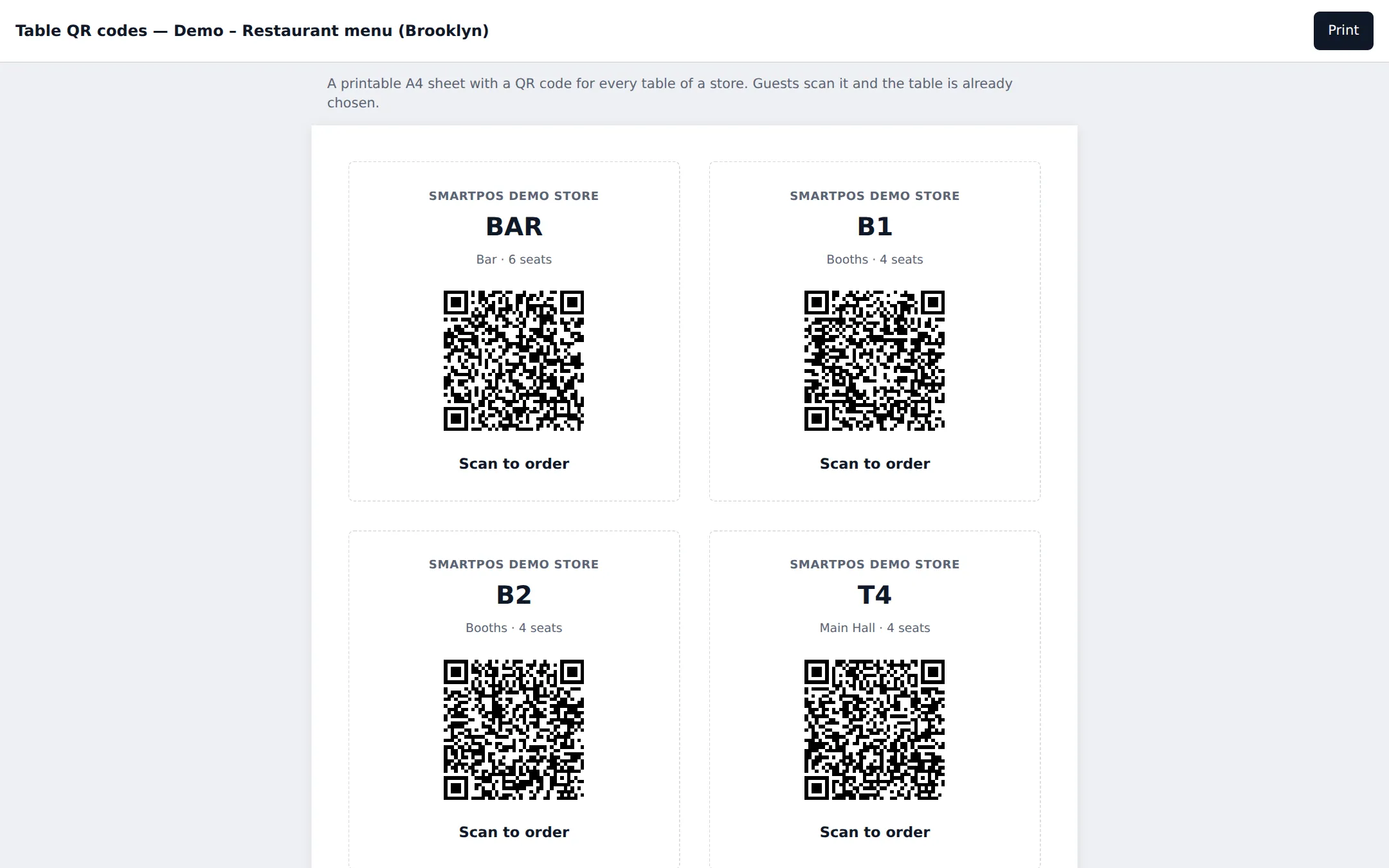 Table QR codes sheet for a restaurant menu widget with cards for tables BAR, B1, B2 and T4, each with area, seats, a QR code and Scan to order