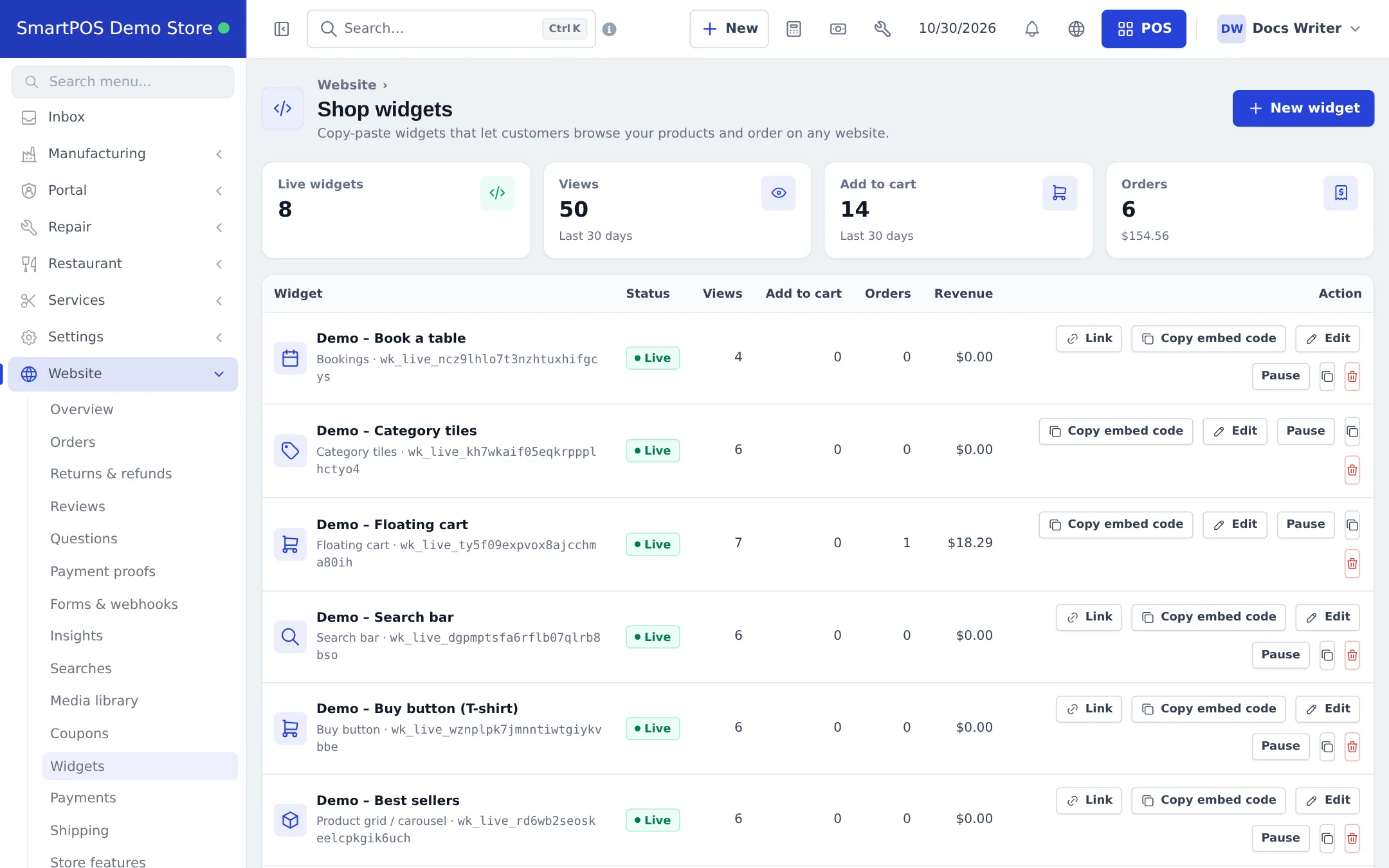 Shop widgets list with eight live widgets, their views, add to cart, orders and revenue, and Link, Copy embed code, Edit, Pause buttons