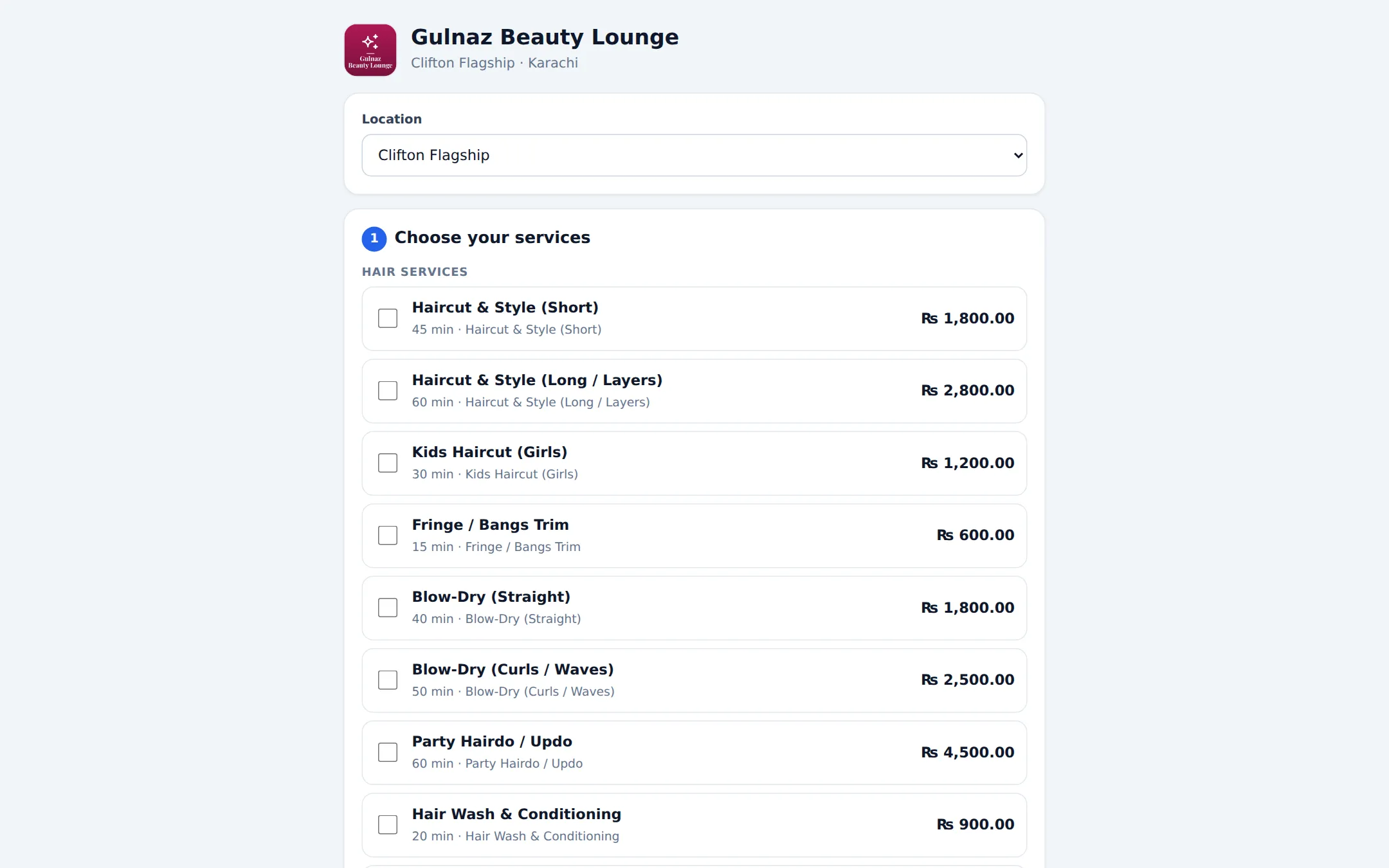 Public booking page of a beauty lounge with location selector and a Choose your services list of haircuts and blow-dries with durations and prices