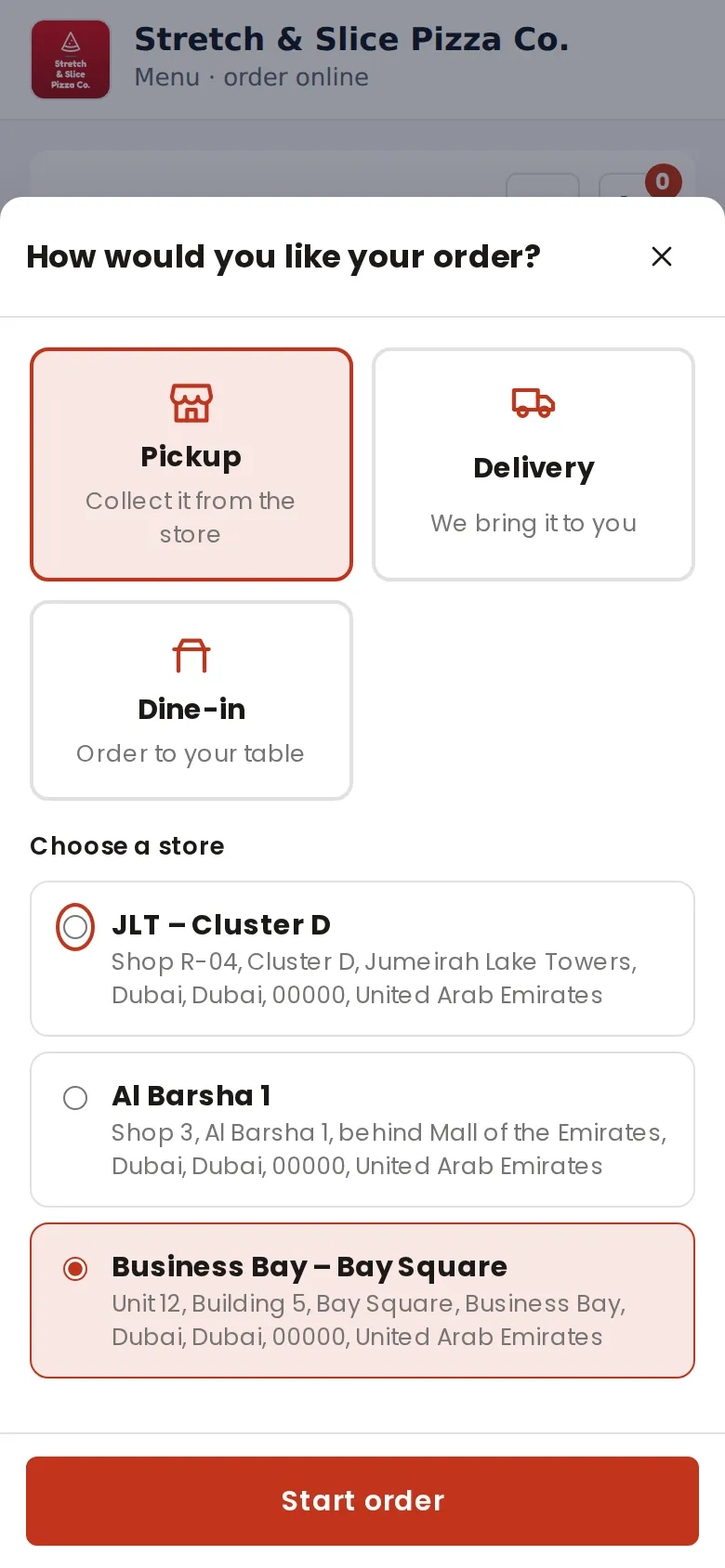 Hosted order page on a phone asking How would you like your order with Pickup, Delivery and Dine-in