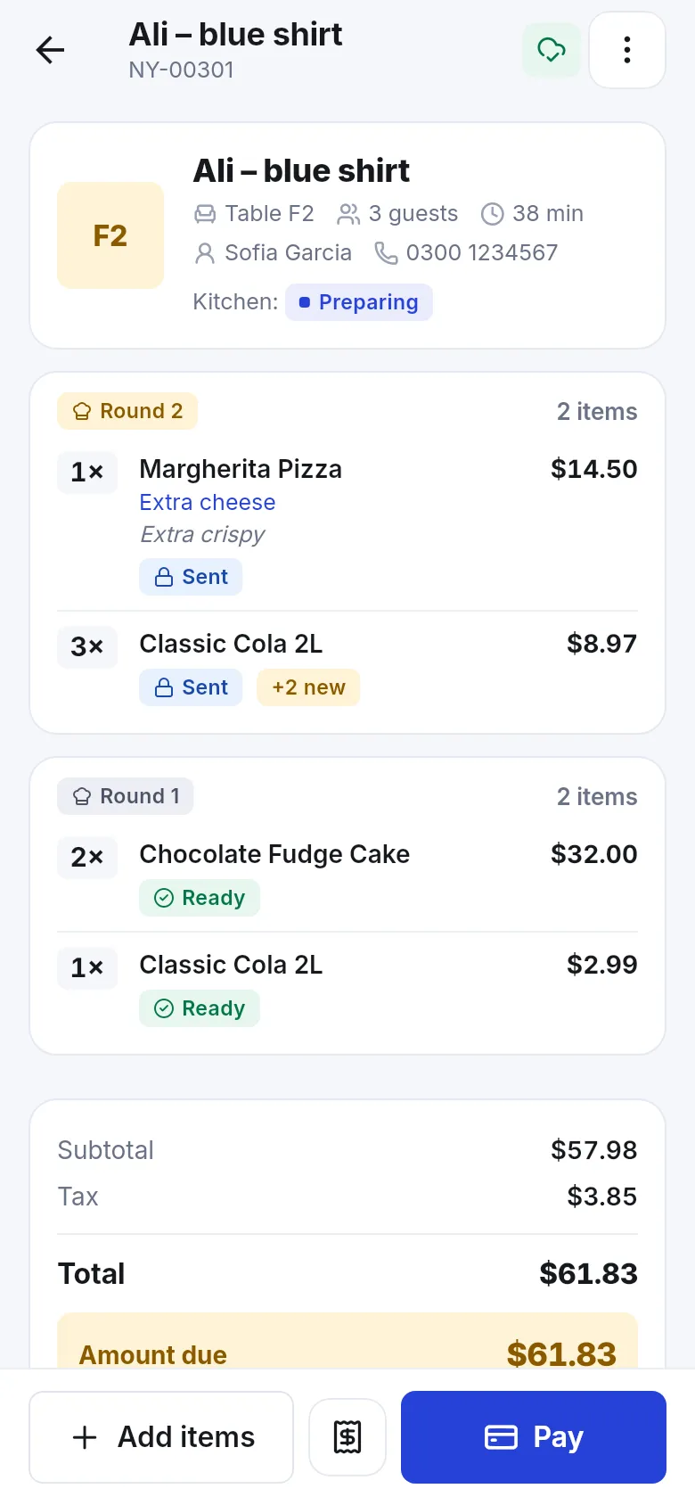 Tab detail showing Round 2 and Round 1 items with Sent and Ready badges and the amount due