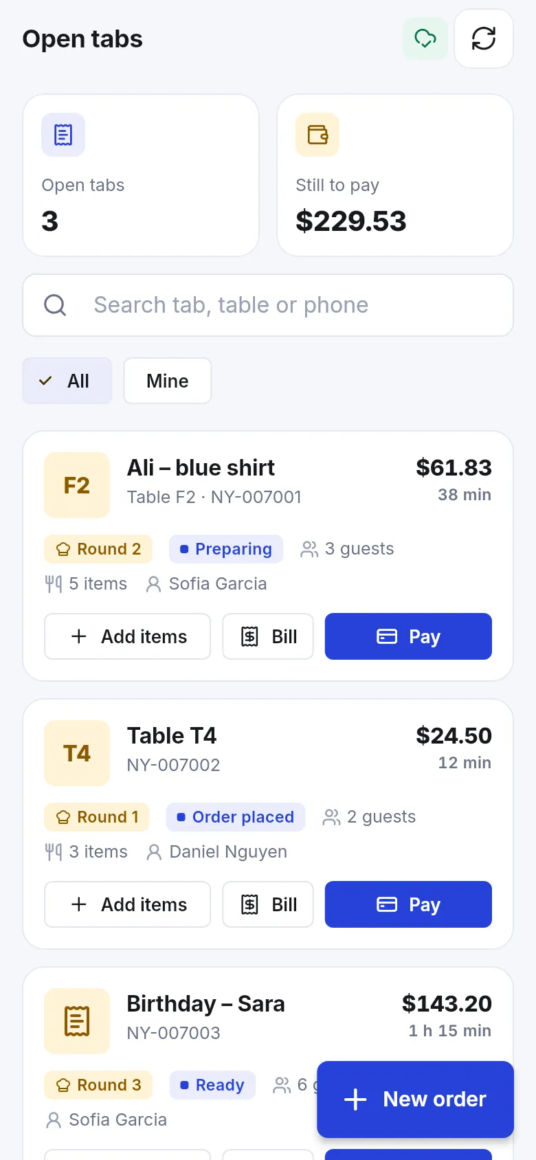 Open tabs list in the Business app with three tabs, round, status, guests and Add items, Bill, Pay buttons
