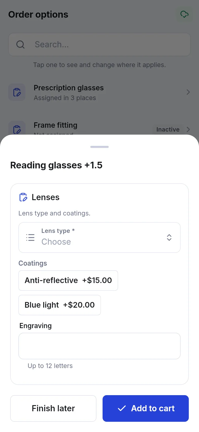 Business app sheet for Reading glasses with a Lenses group: Lens type dropdown, Coatings choices with prices, an Engraving field, and Finish later and Add to cart buttons