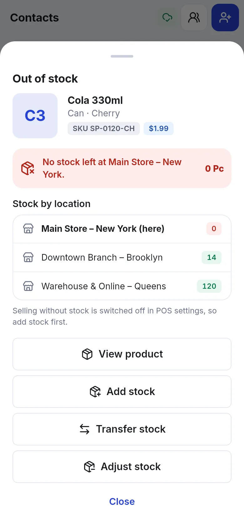 Out of stock sheet for Cola 330ml showing No stock left at Main Store, stock by location and buttons View product, Add stock, Transfer stock and Adjust stock
