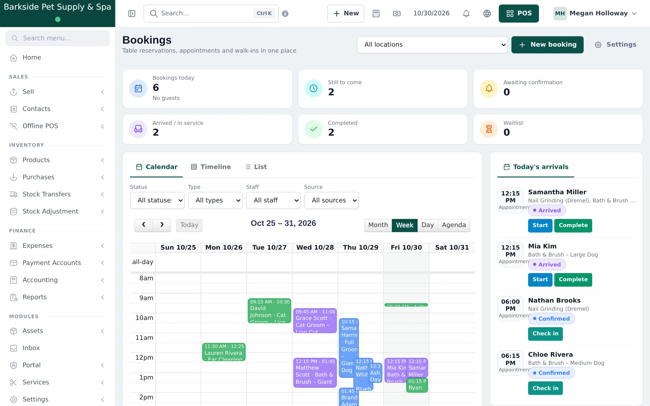 Bookings page of a pet store with bookings today, arrivals, completed, a weekly calendar full of grooming appointments and today's arrivals with Start, Complete and Check in buttons