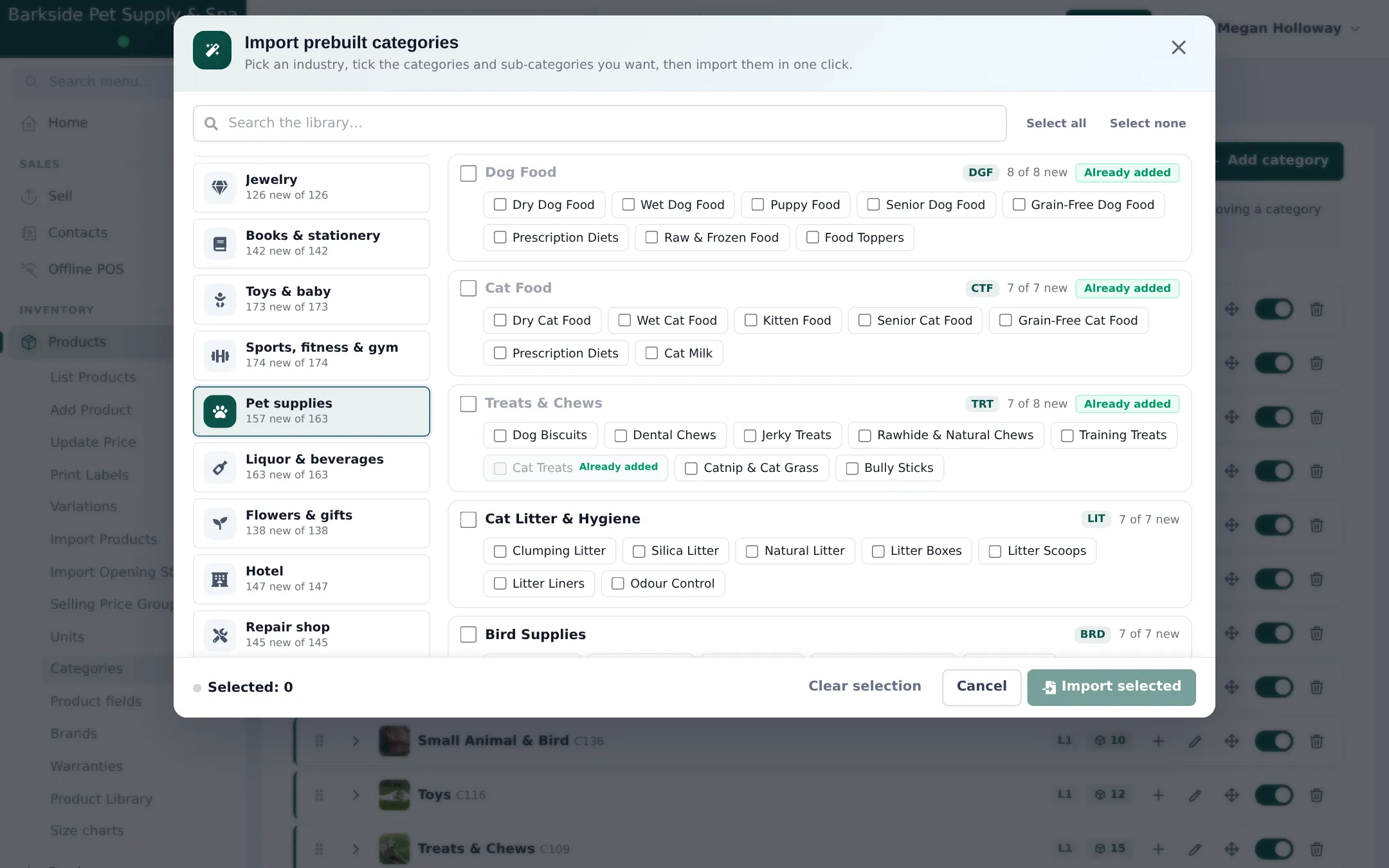 Import prebuilt categories window with Pet supplies selected and groups Dog Food, Cat Food, Treats & Chews, Cat Litter & Hygiene and Bird Supplies with their sub-categories, some marked Already added