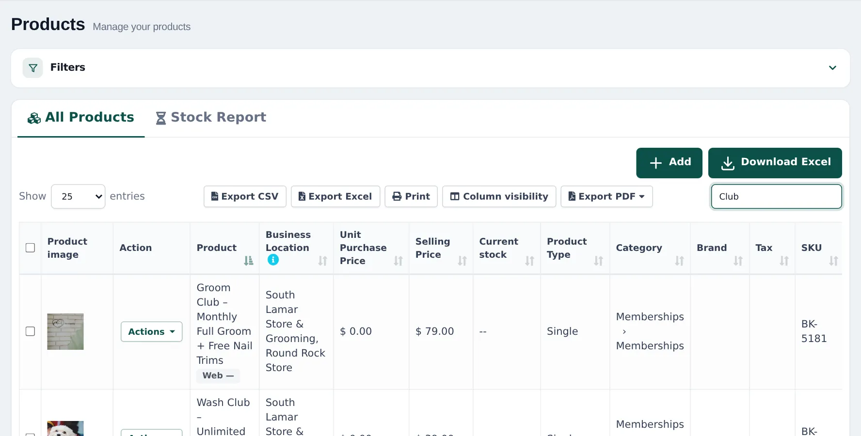 Products list filtered by Club showing Groom Club – Monthly Full Groom + Free Nail Trims at 79.00 and Wash Club – Unlimited Self-Wash in the Memberships category