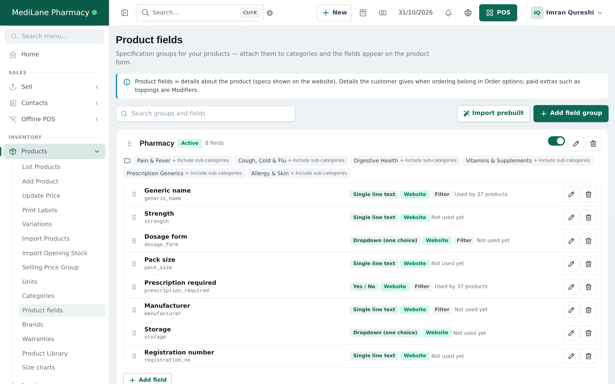 Product fields page with the Pharmacy group attached to medicine categories and fields Generic name, Strength, Dosage form, Pack size, Prescription required, Manufacturer, Storage and Registration number
