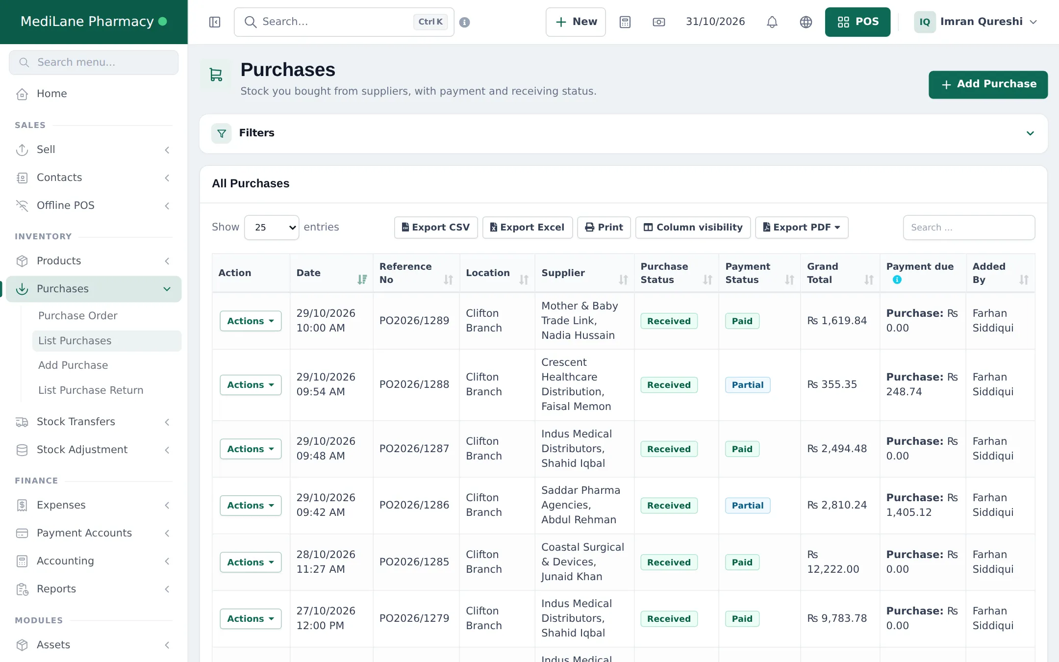 Pharmacy purchases list with distributors, Received status, Paid and Partial payment statuses and purchase due