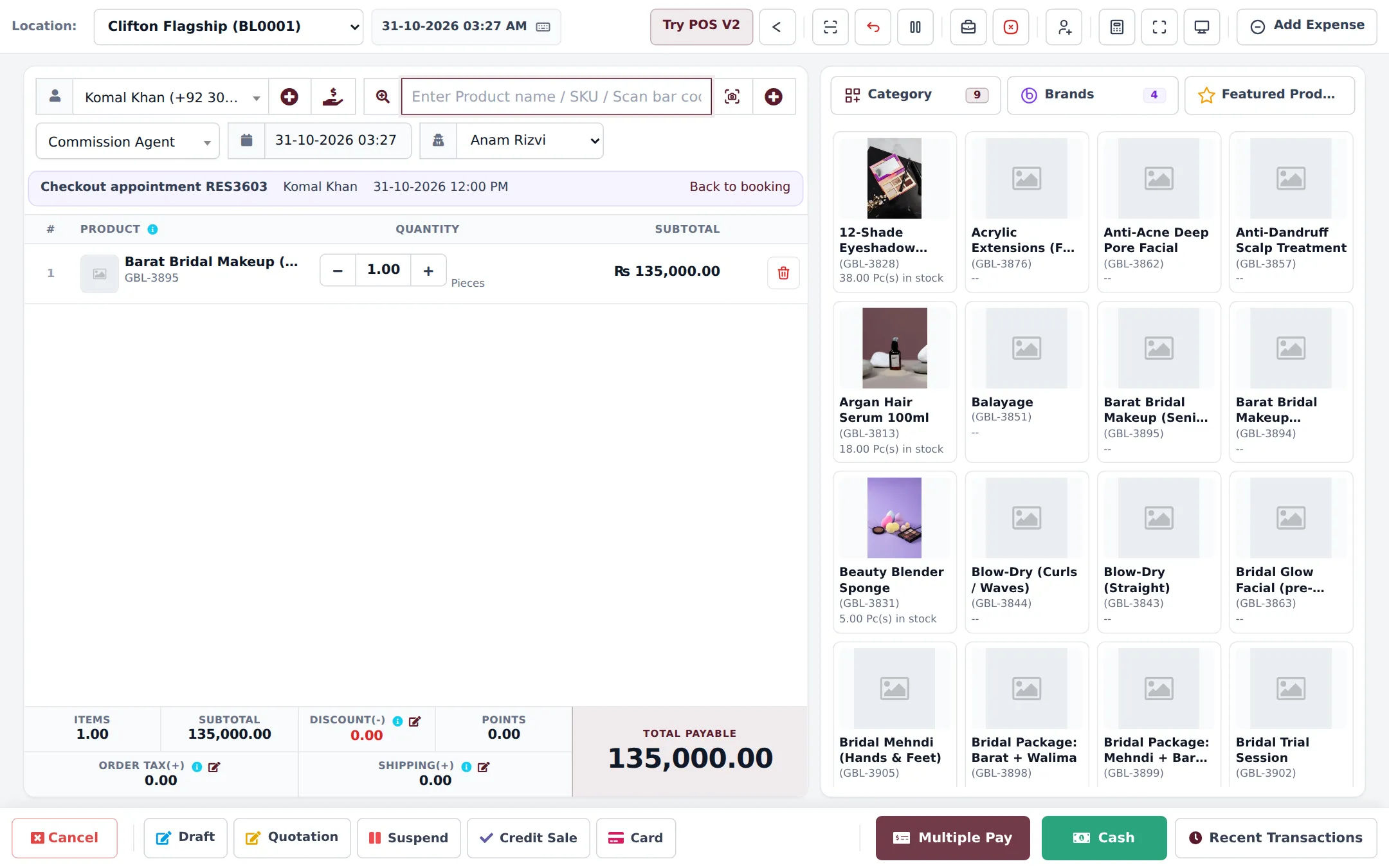 POS with a Checkout appointment banner showing the reference, client and time, a bridal makeup service in the cart, the stylist in the service staff box and the total payable