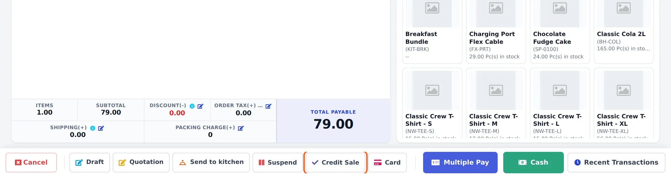 POS bottom bar with Total Payable 79.00 and the Credit Sale button highlighted between Suspend and Card