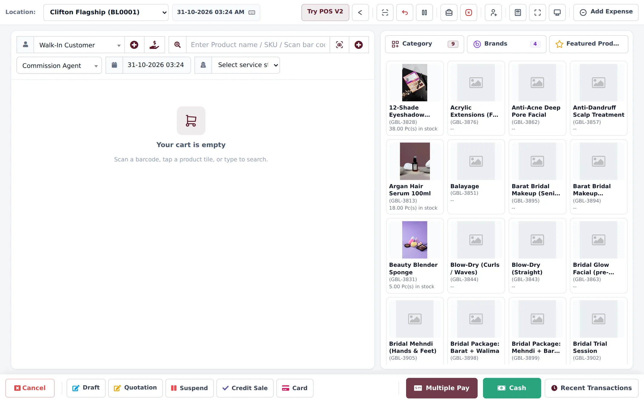 POS of a beauty lounge with Commission Agent and Select service staff boxes, and product tiles mixing retail items with stock such as eyeshadow, argan hair serum and beauty blender with services like balayage and bridal makeup