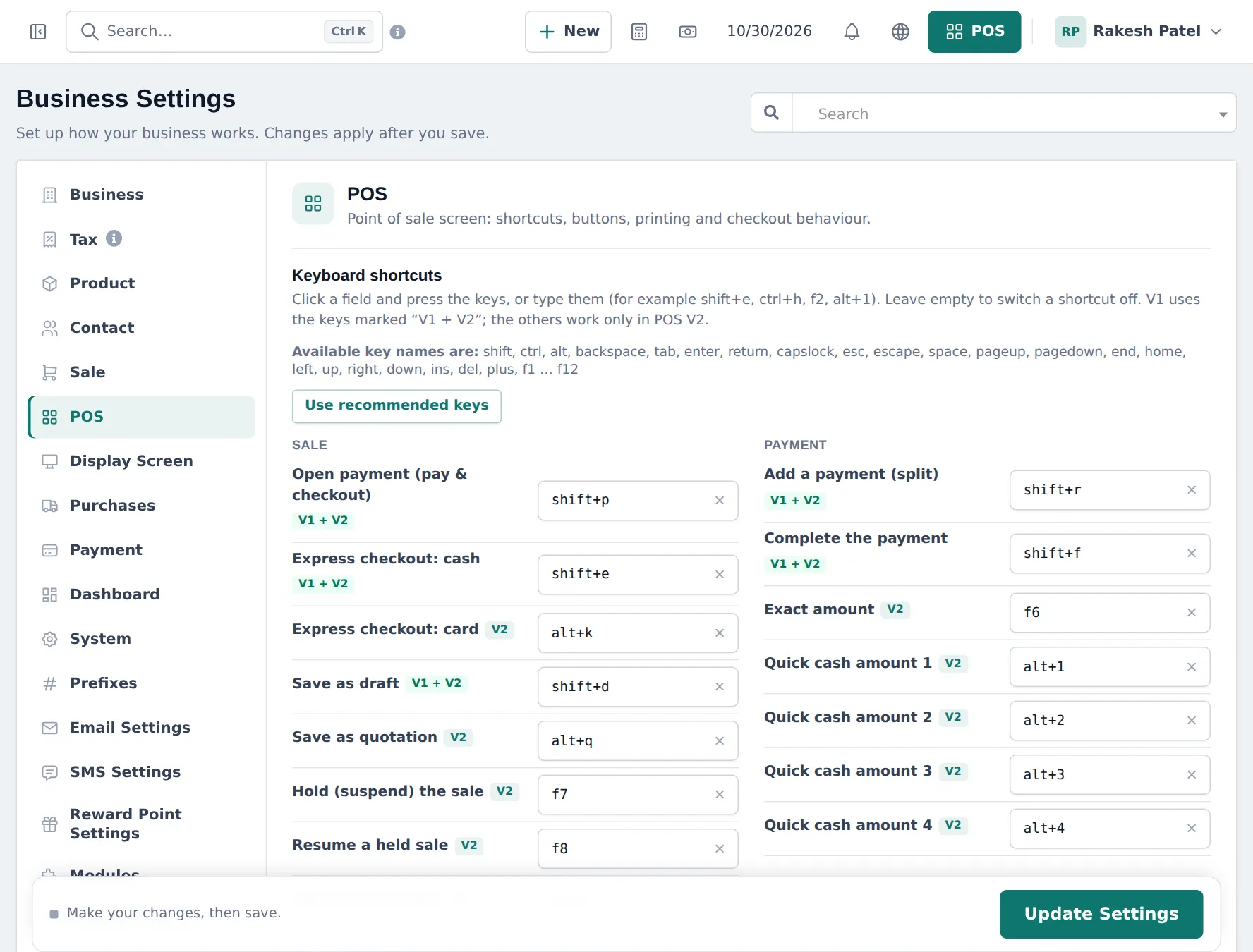 Business Settings POS tab with keyboard shortcuts for open payment, express checkout cash and card, save as draft, save as quotation, hold and resume a sale, add a payment, complete the payment, exact amount and quick cash amounts