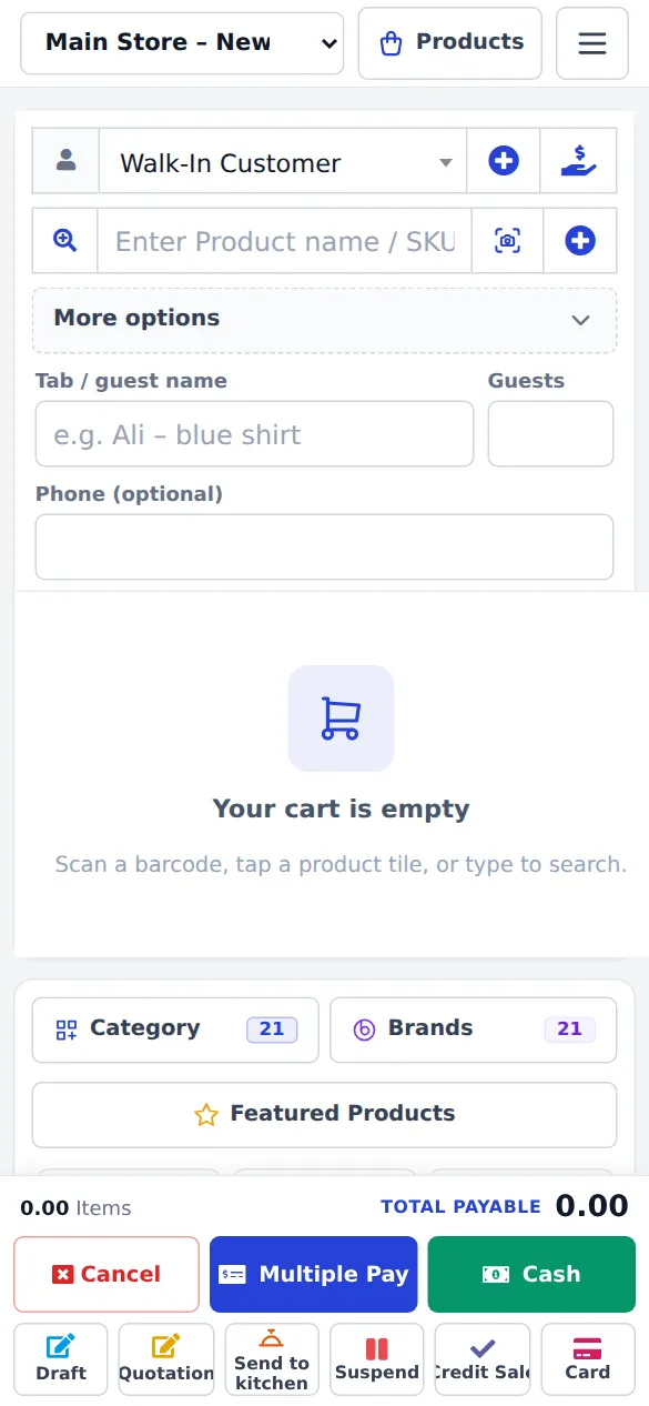 POS V1 on a phone with the bottom dock: Cancel, Multiple Pay, Cash, Draft, Quotation, Suspend, Credit Sale, Card