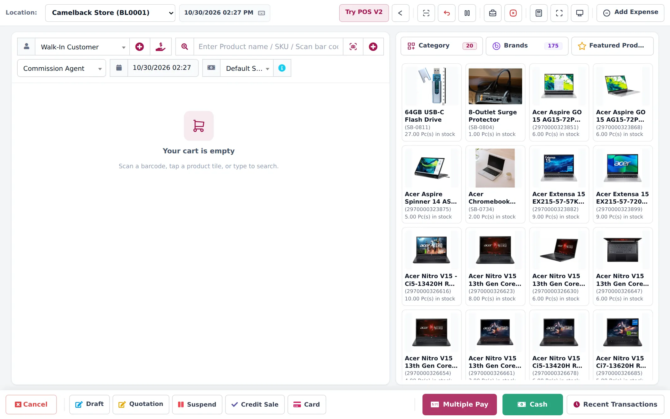 POS with location, customer, product search, product grid of laptops and accessories with stock, and the Cancel, Draft, Quotation, Suspend, Credit Sale, Card, Multiple Pay, Cash and Recent Transactions buttons