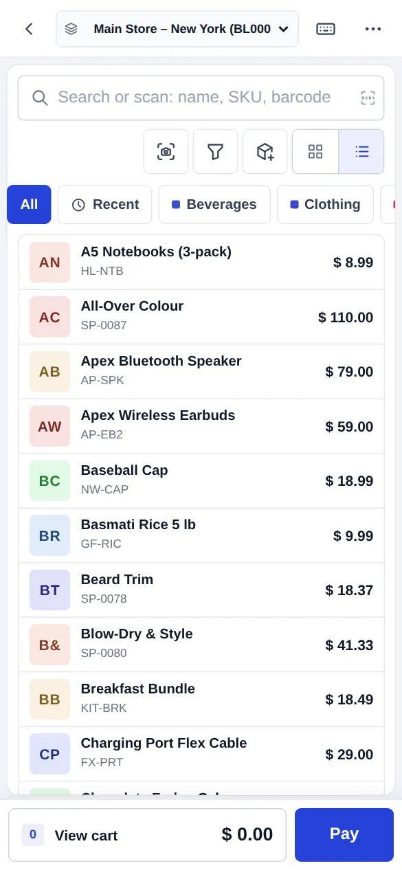 POS V2 on a phone with search, category chips, product list and a View cart and Pay bar