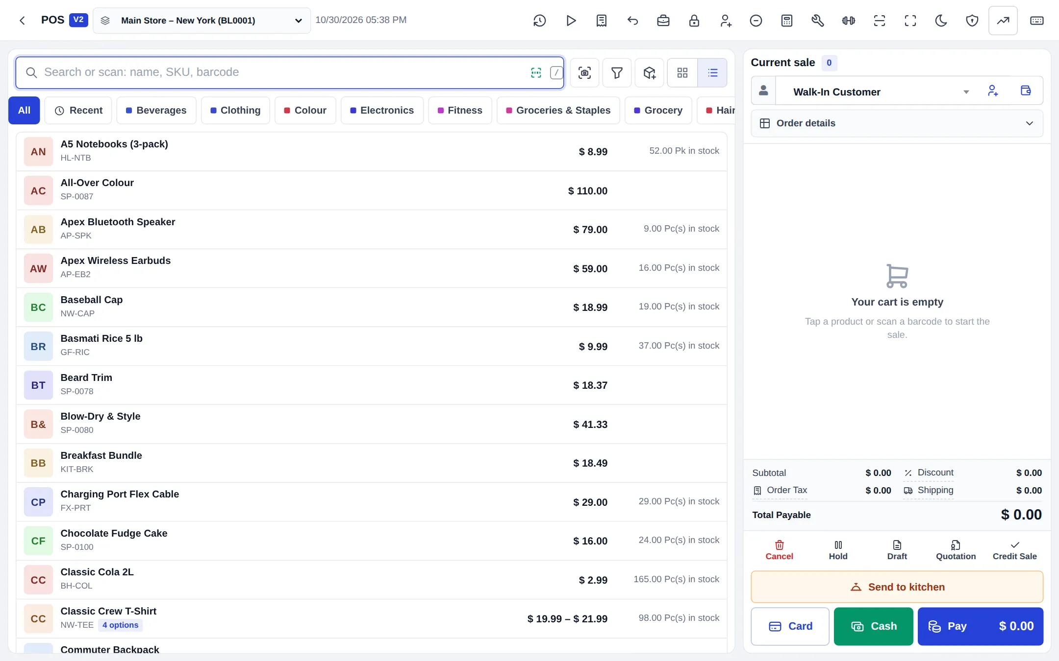 POS V2 screen: product list with search and category chips on the left, current sale panel with customer and Card, Cash and Pay buttons on the right
