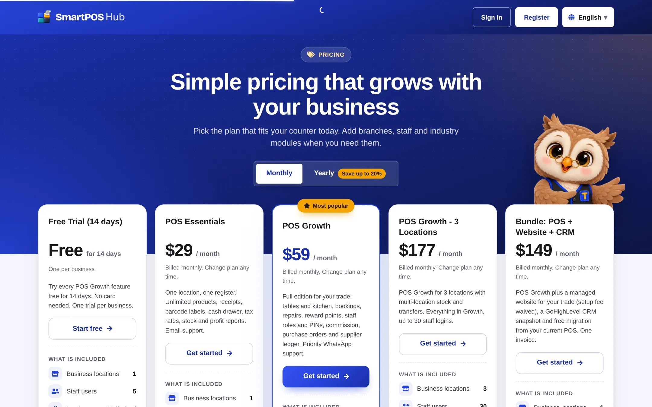 Pricing page with Free Trial, POS Essentials, POS Growth, POS Growth 3 Locations and a Bundle plan, each with Start free or Get started buttons
