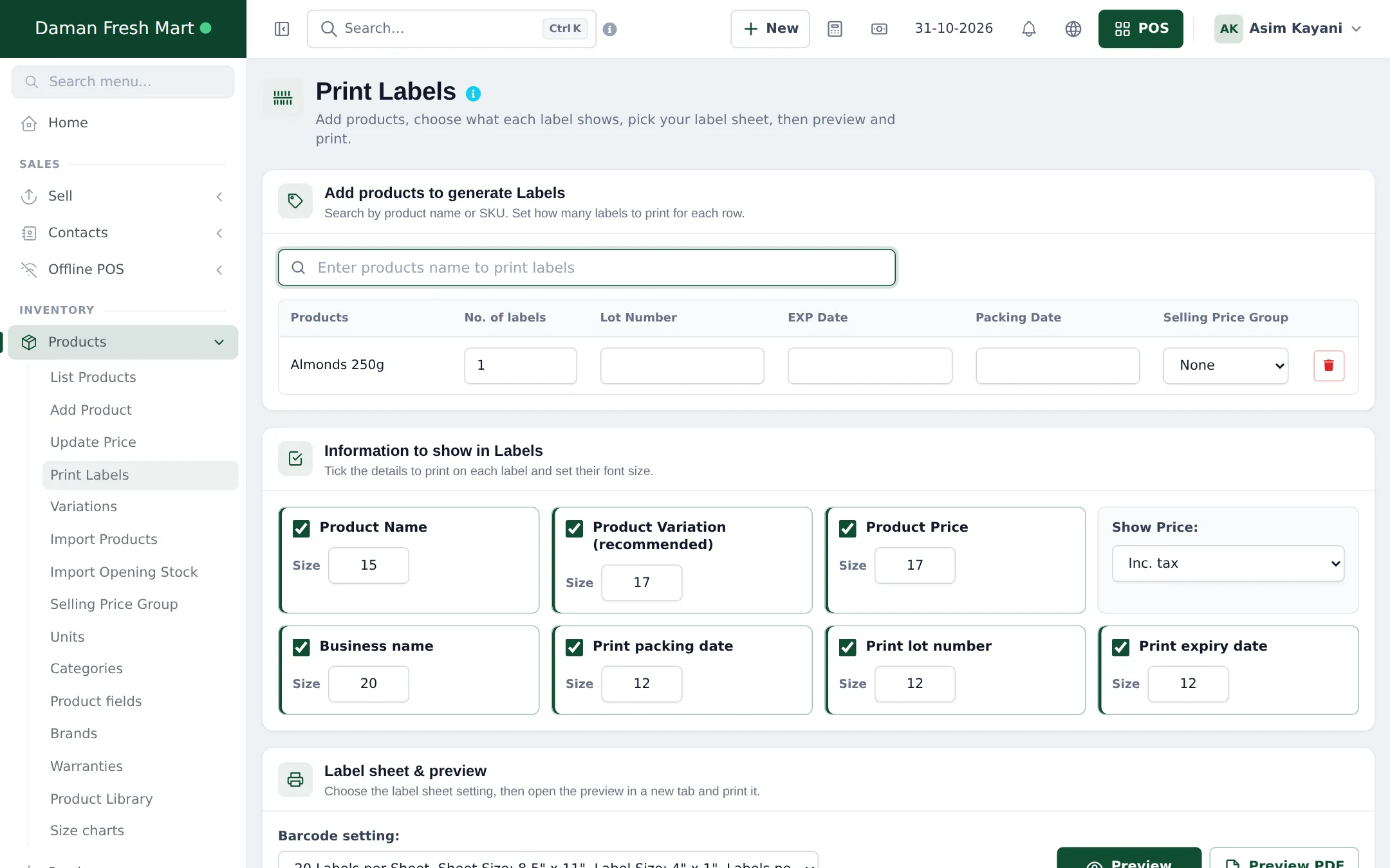 Print Labels page with a product added, number of labels, lot number and expiry fields, and checkboxes for what to show on labels