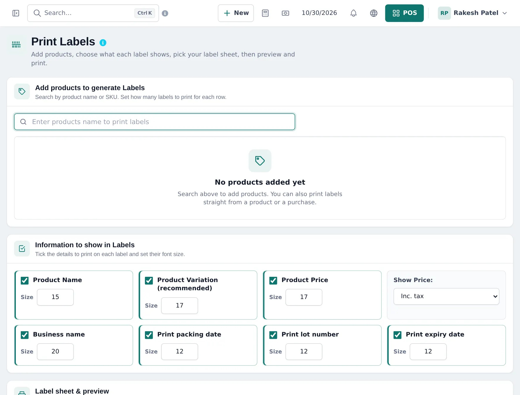 Print Labels page with a product search box and options to show product name, variation, price, business name, packing date, lot number and expiry date