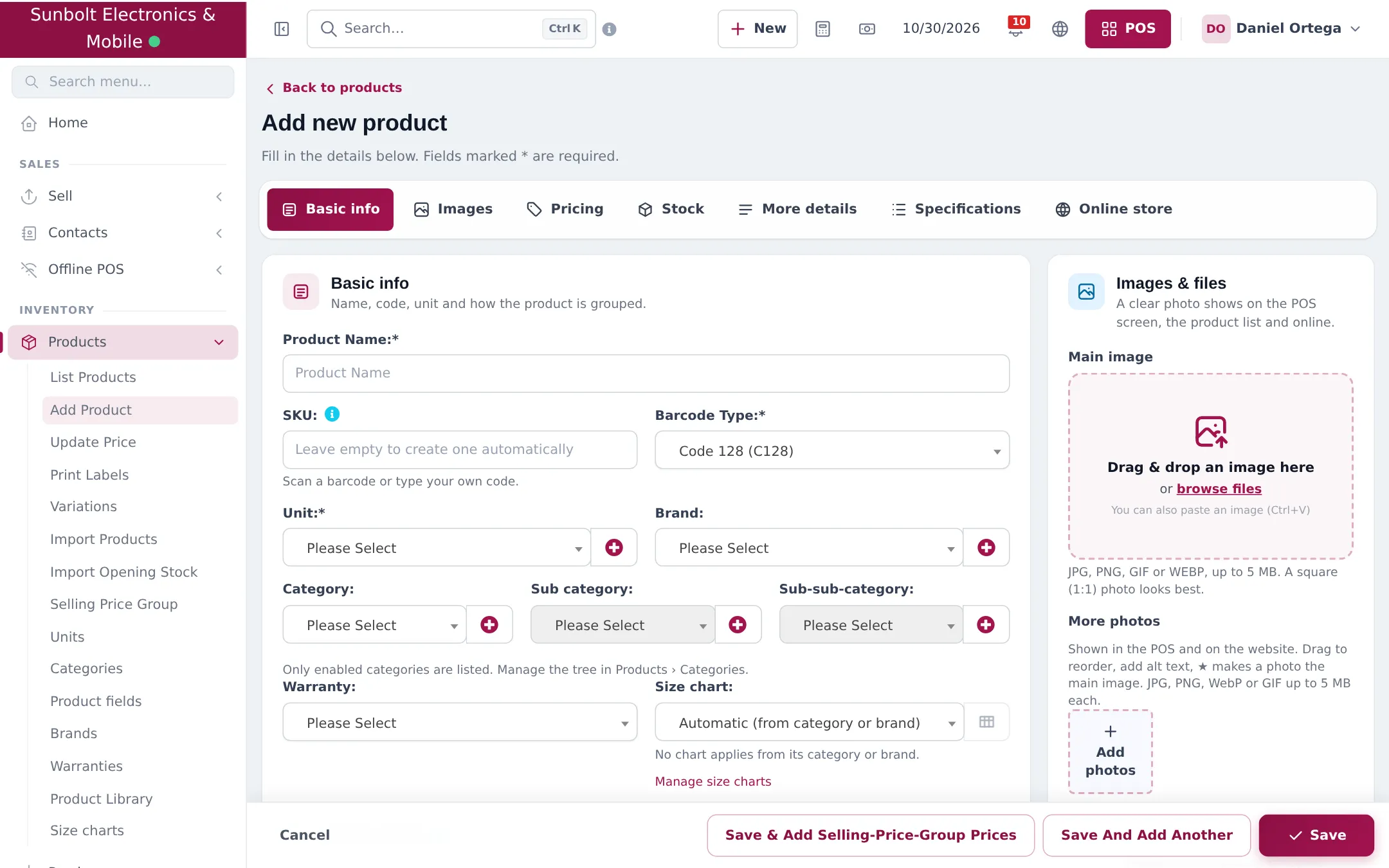Add new product form with the Warranty select next to the Size chart field in Basic info