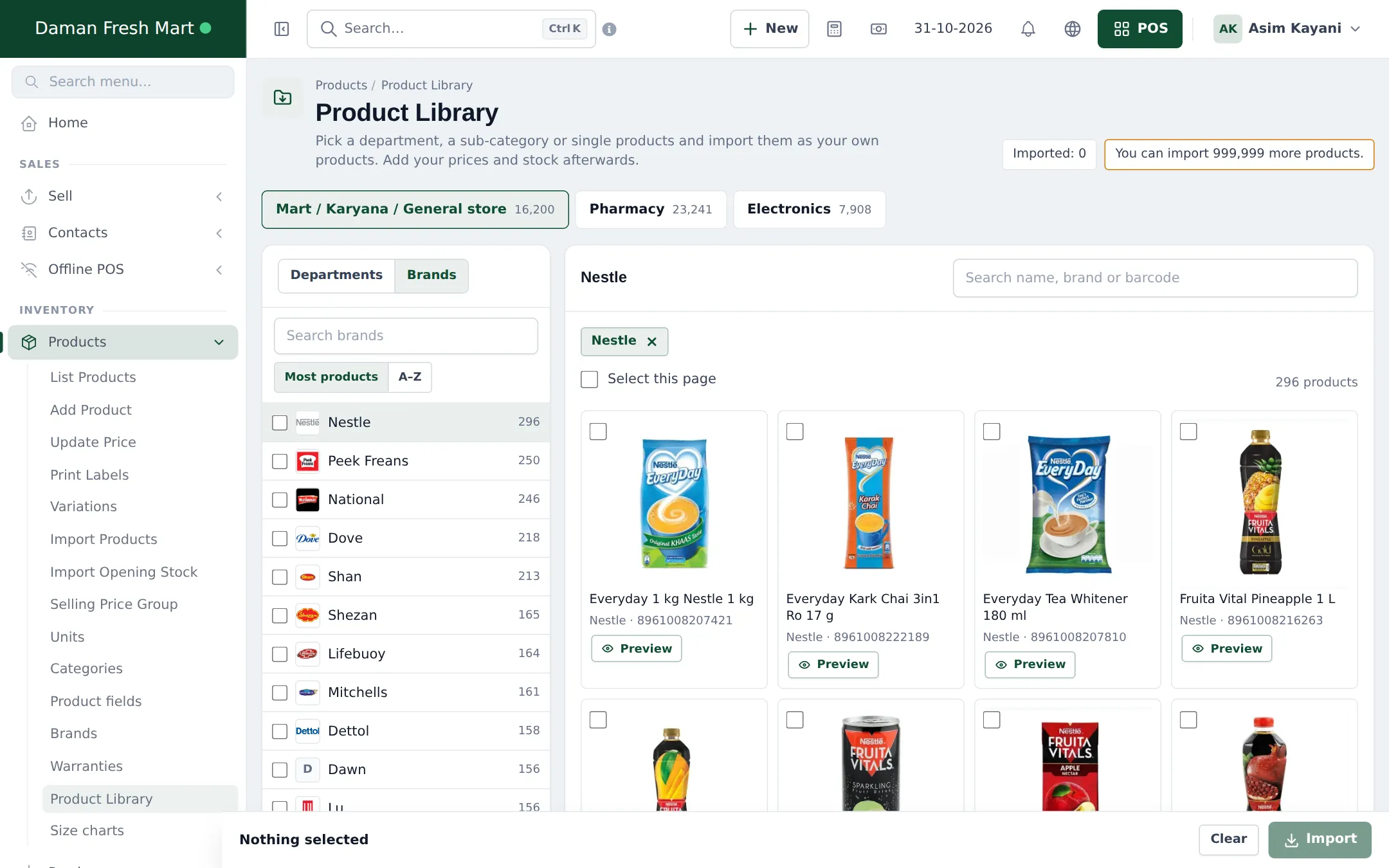 Brands tab of the Product Library listing Nestle, Peek Freans and other brands with counts, and the grid filtered to Nestle products