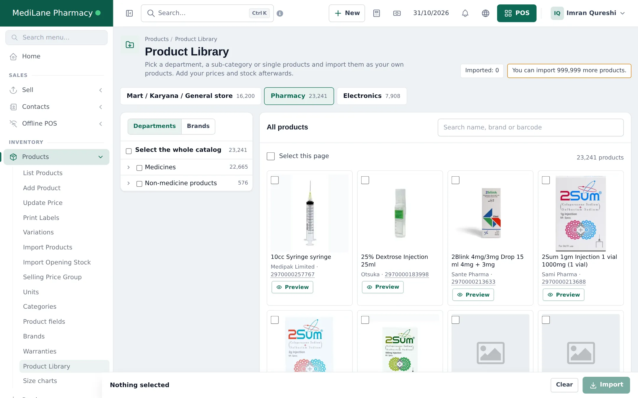 Product Library Pharmacy catalog with 23,241 products in Medicines and Non-medicine products and product cards