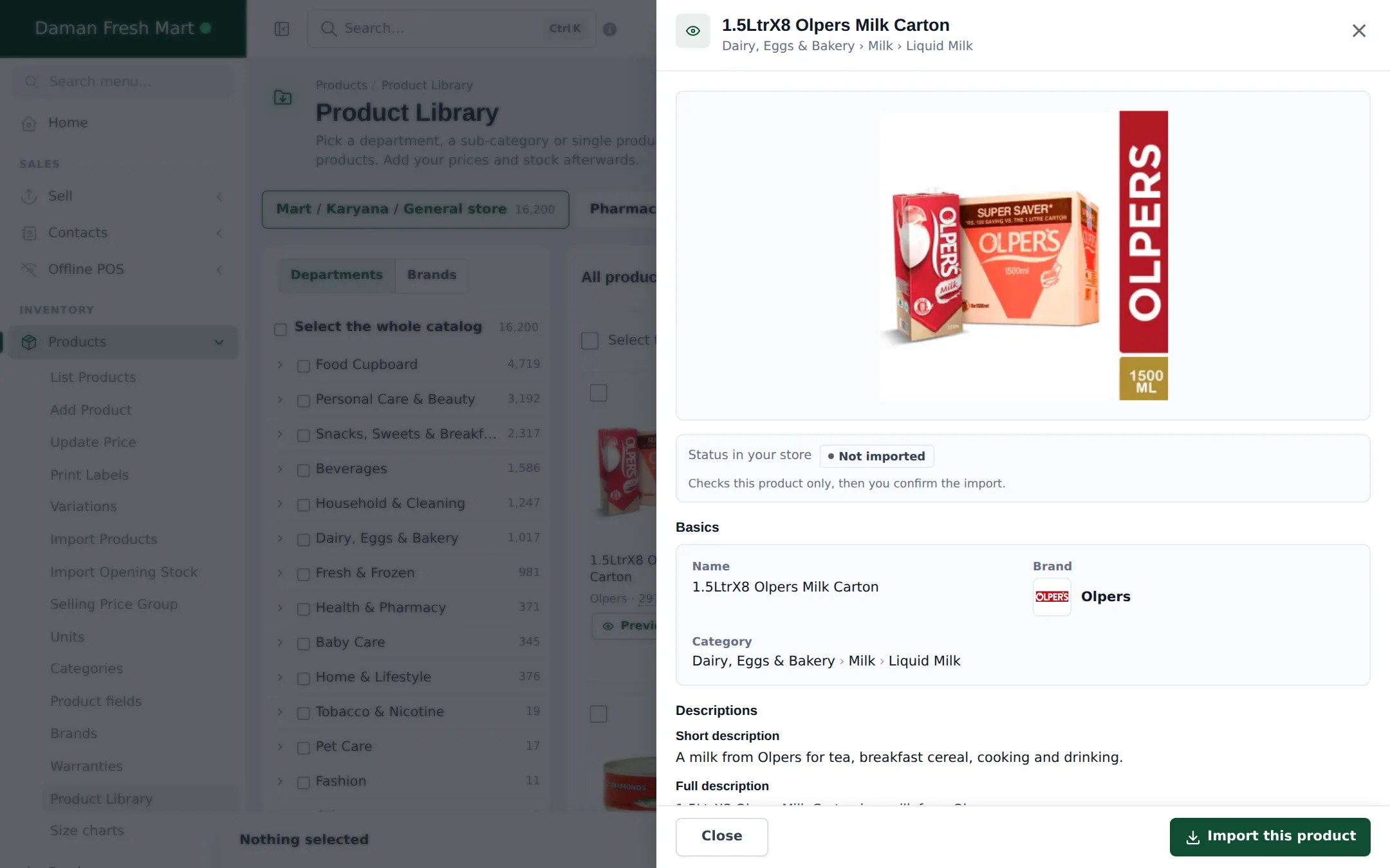 Product preview drawer with a product photo, Not imported status, basics, category path and short description