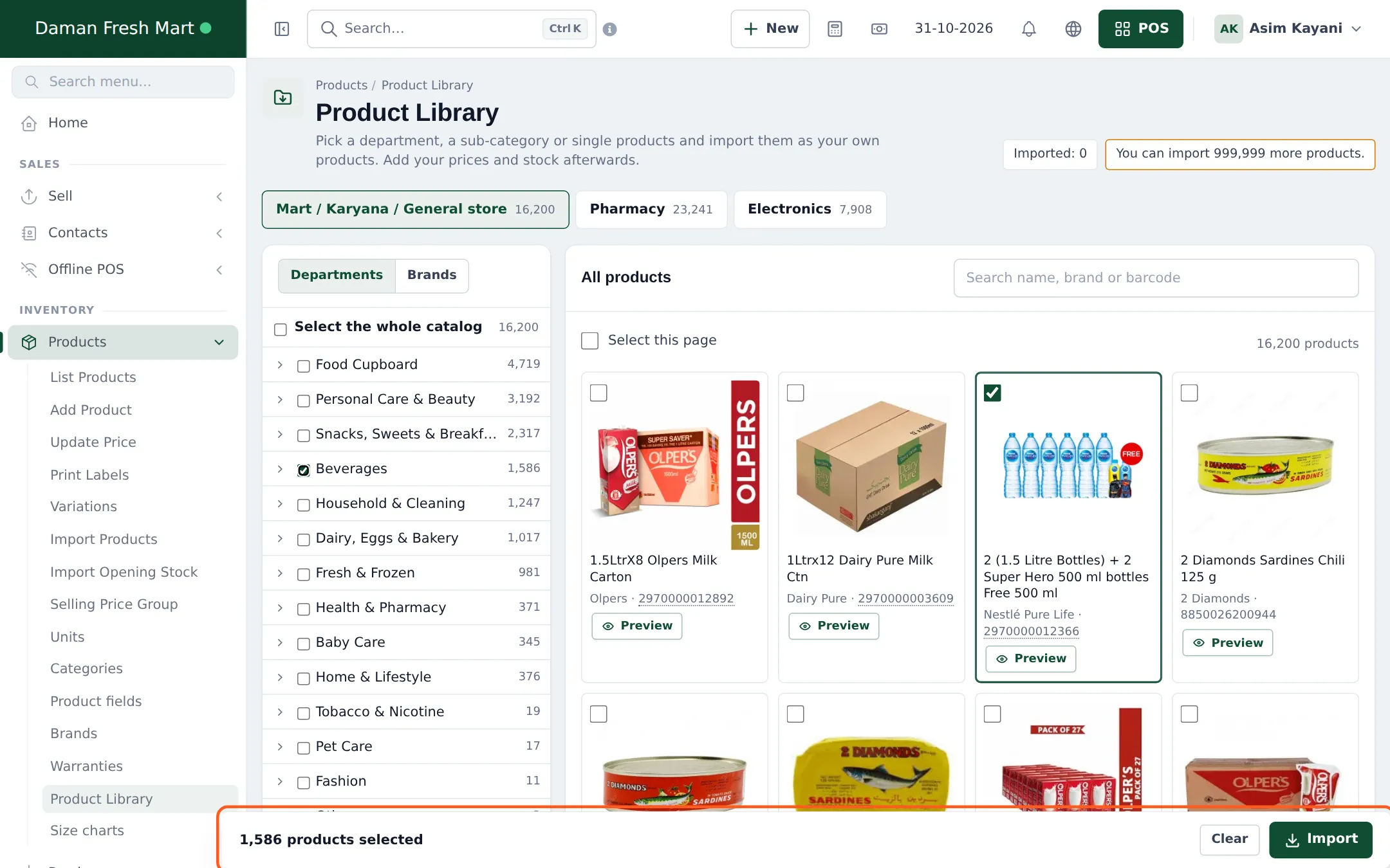 Beverages department ticked in the Product Library and the bottom bar showing 1,586 products selected with the Import button highlighted