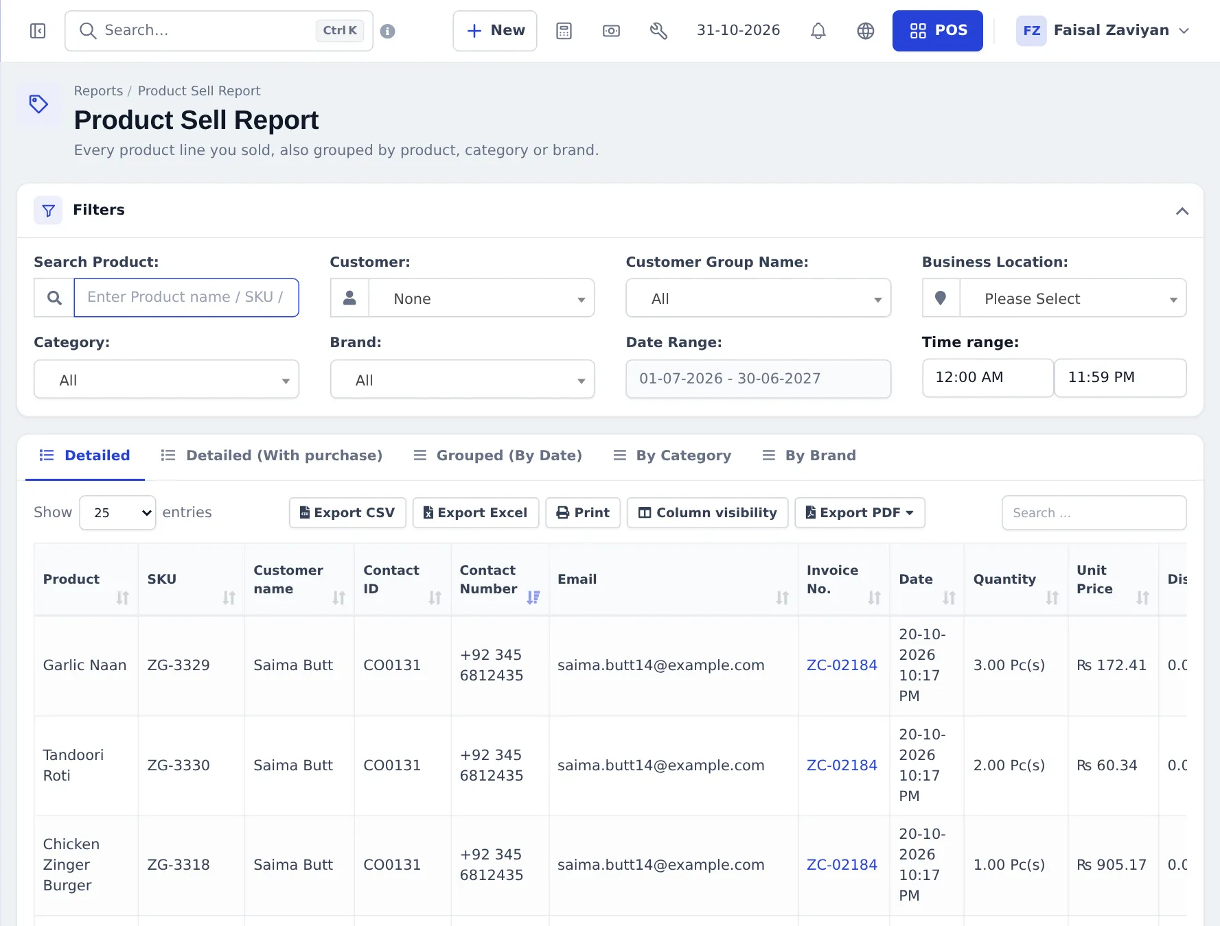 Product Sell Report with filters for product, customer, customer group, location, category, brand, date and time range, and tabs Detailed, Grouped, By Category and By Brand