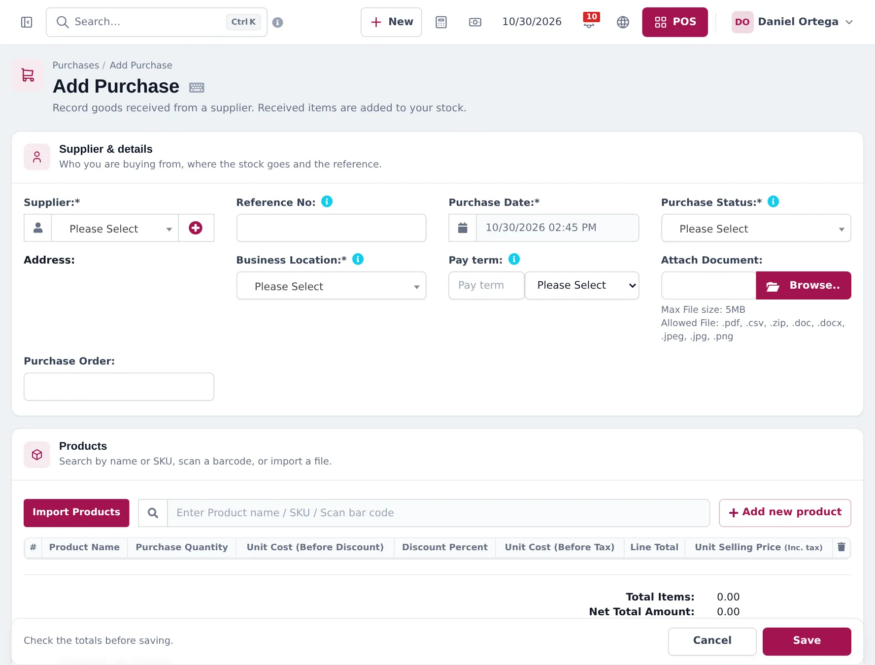 Add Purchase form with supplier, reference number, purchase date, purchase status, business location, pay term and a products table